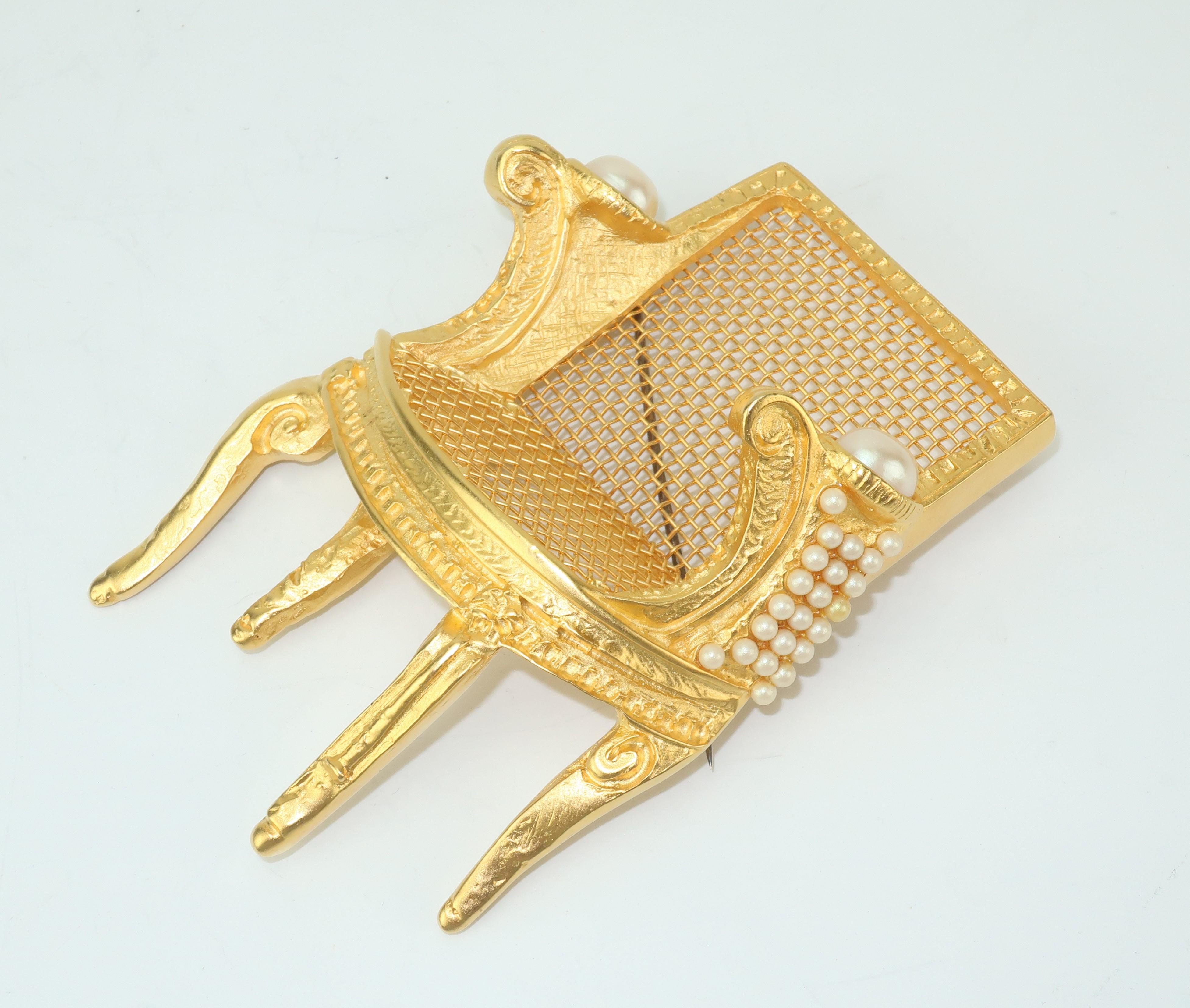 Large Karl Lagerfeld Gilt Gold 3-D Chair Brooch With Pearls In Excellent Condition In Atlanta, GA