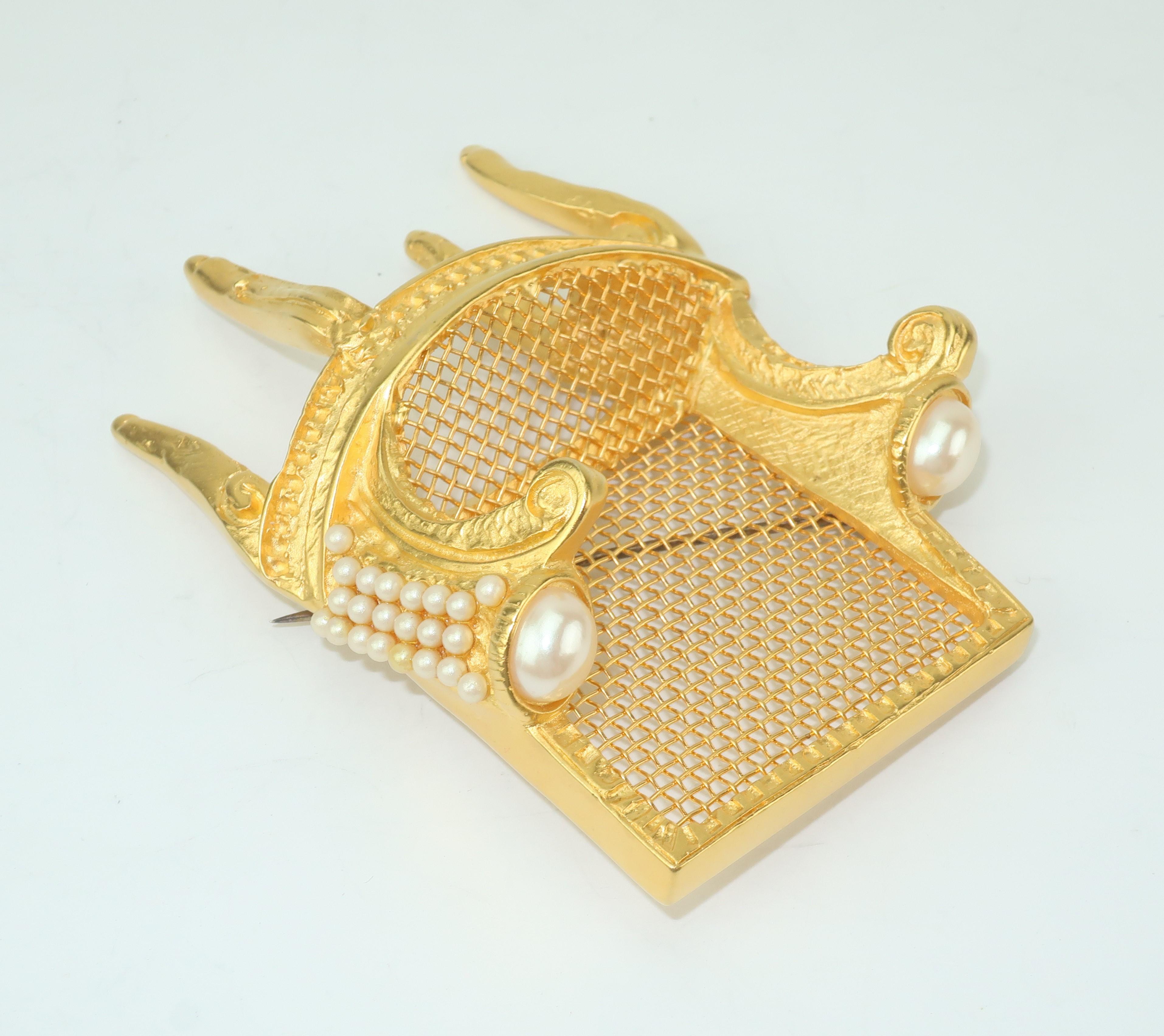 Women's Large Karl Lagerfeld Gilt Gold 3-D Chair Brooch With Pearls