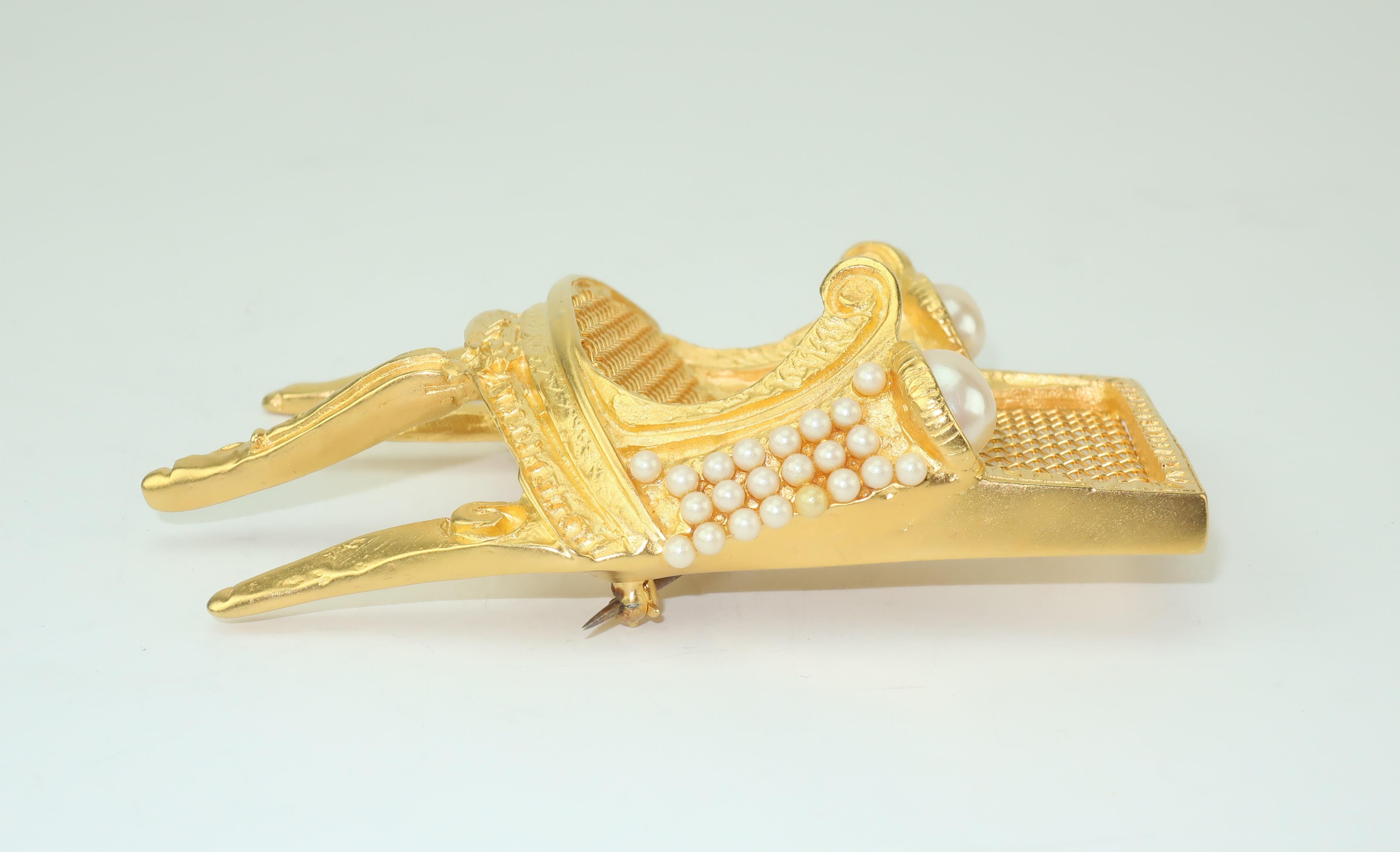 Large Karl Lagerfeld Gilt Gold 3-D Chair Brooch With Pearls 1