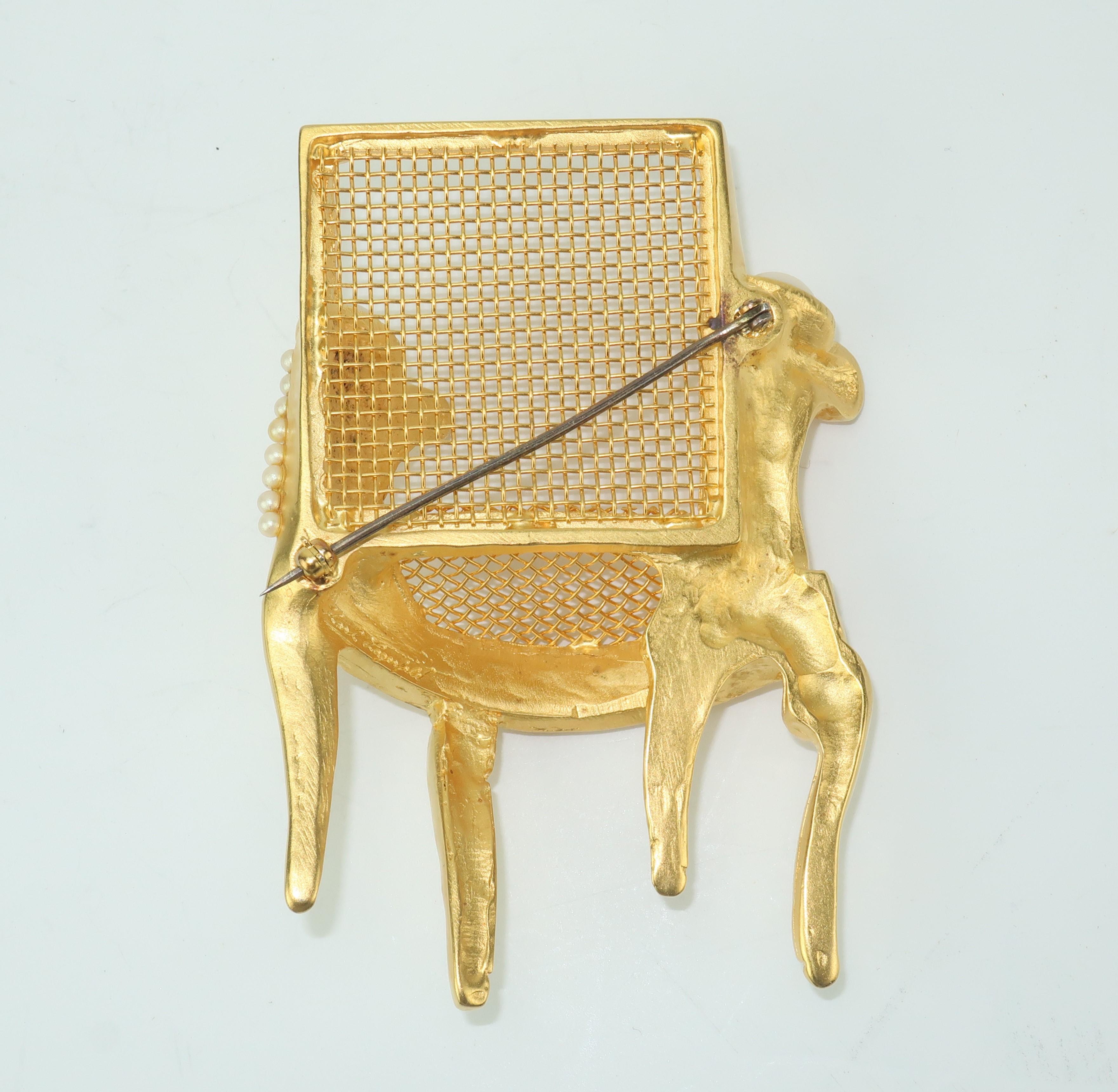 Large Karl Lagerfeld Gilt Gold 3-D Chair Brooch With Pearls 2