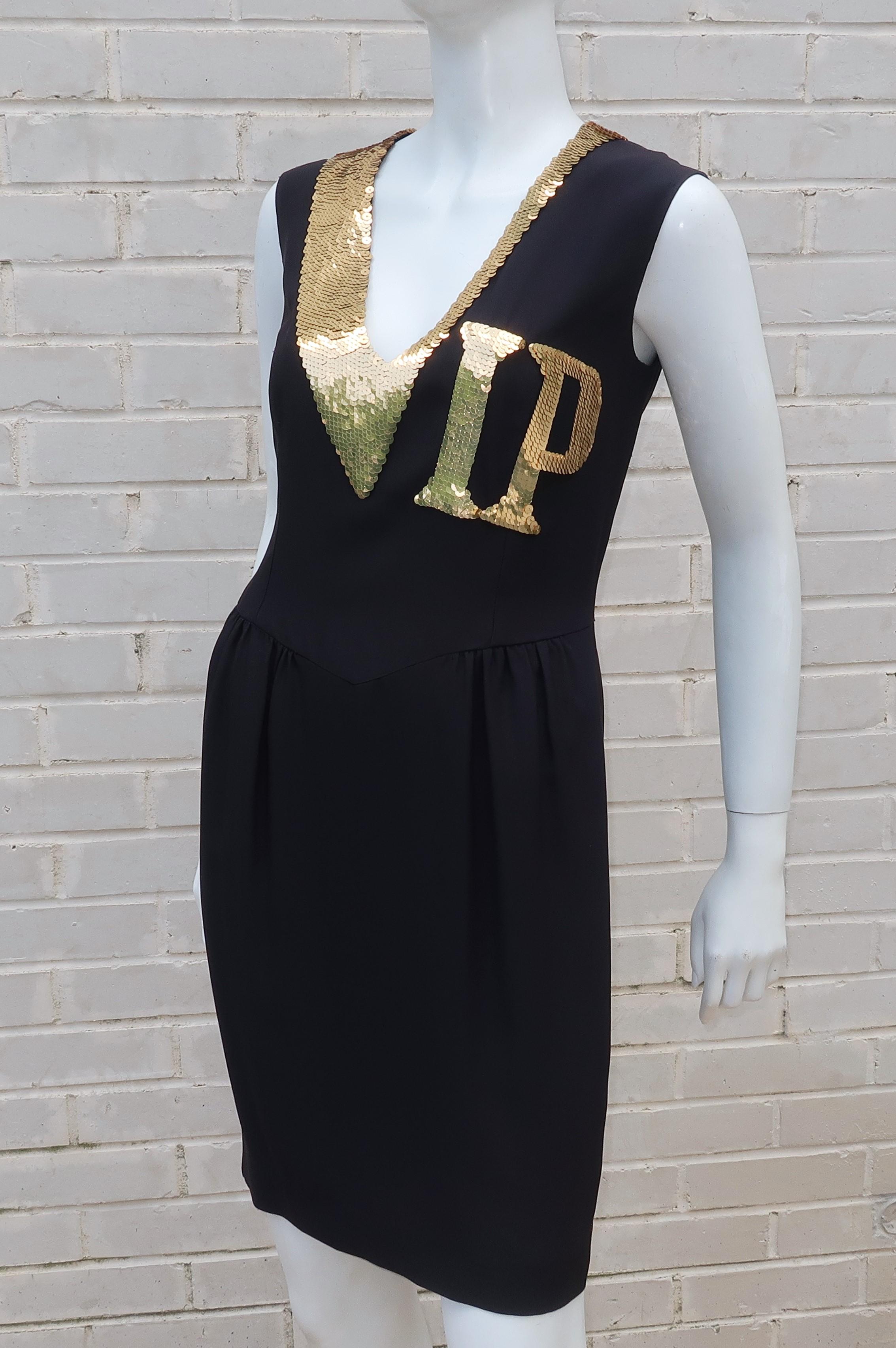 Moschino Couture Black & Gold Sequin ‘VIP’ Cocktail Dress In Excellent Condition In Atlanta, GA