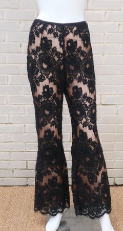 Vintage Beaded Black Lace Nude Illusion Bell Bottom Pants