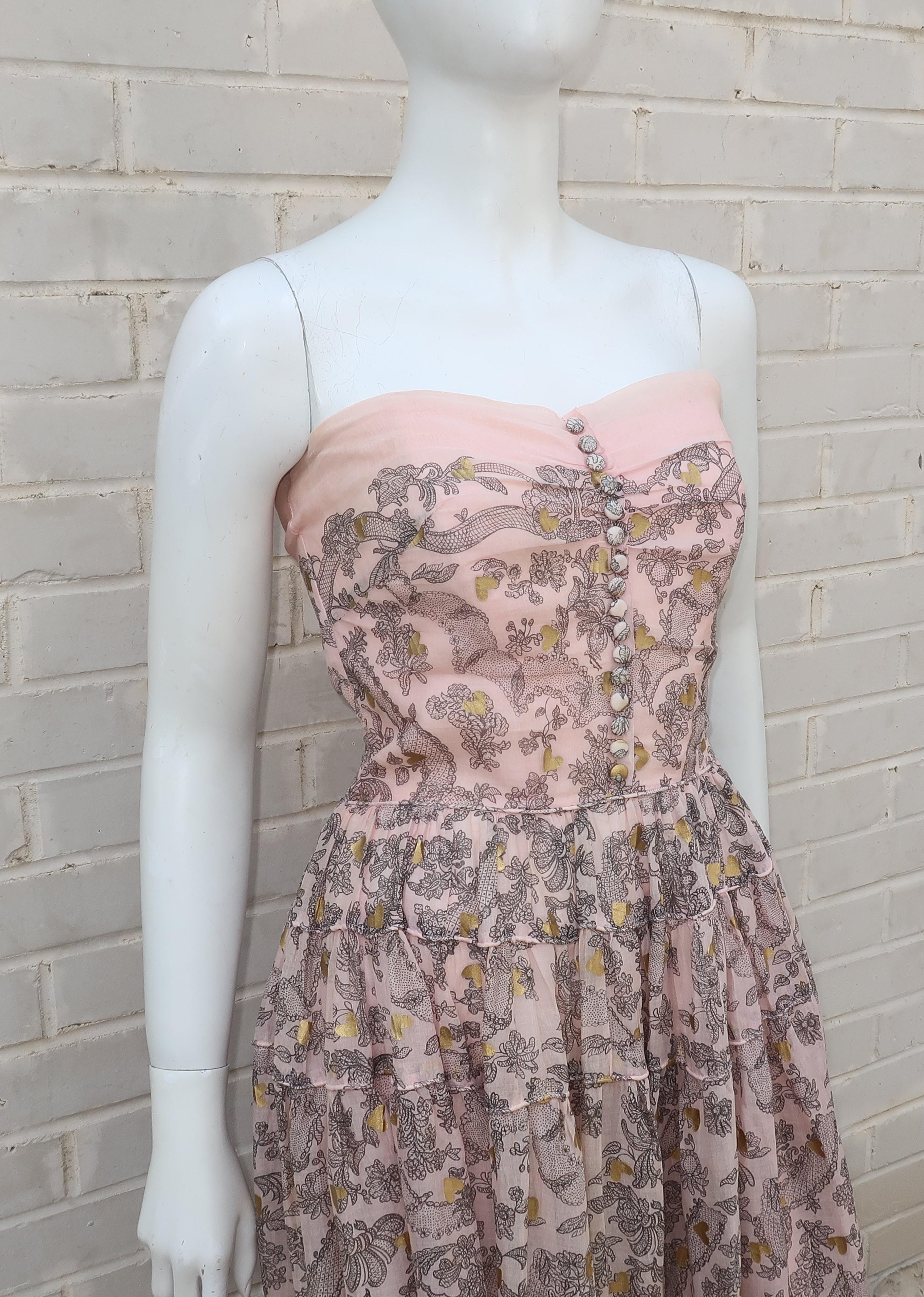 Gray 1950's Fred Perlberg Pink & Black Muslin Dress With Gold Heart Accents