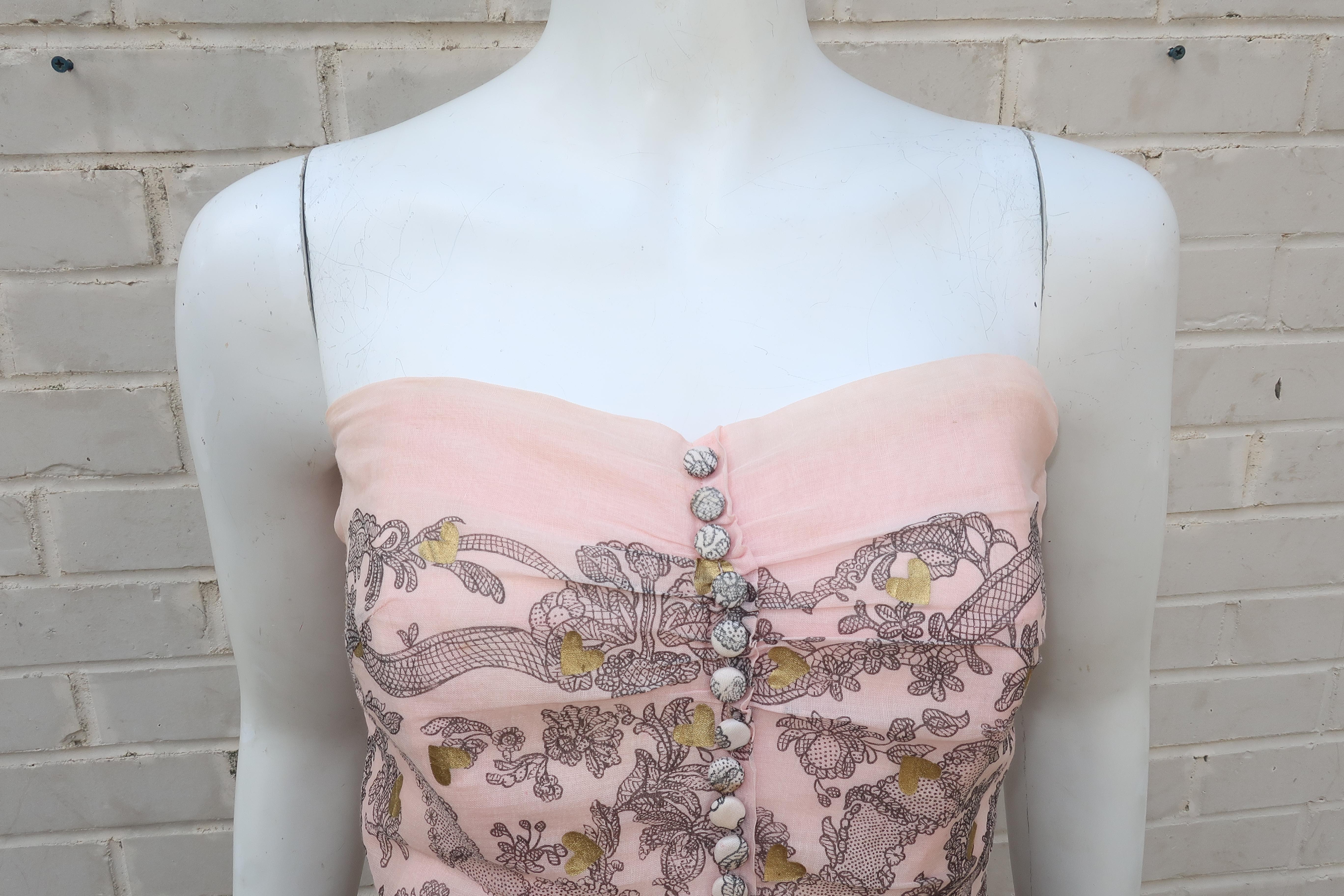 1950's Fred Perlberg Pink & Black Muslin Dress With Gold Heart Accents 6