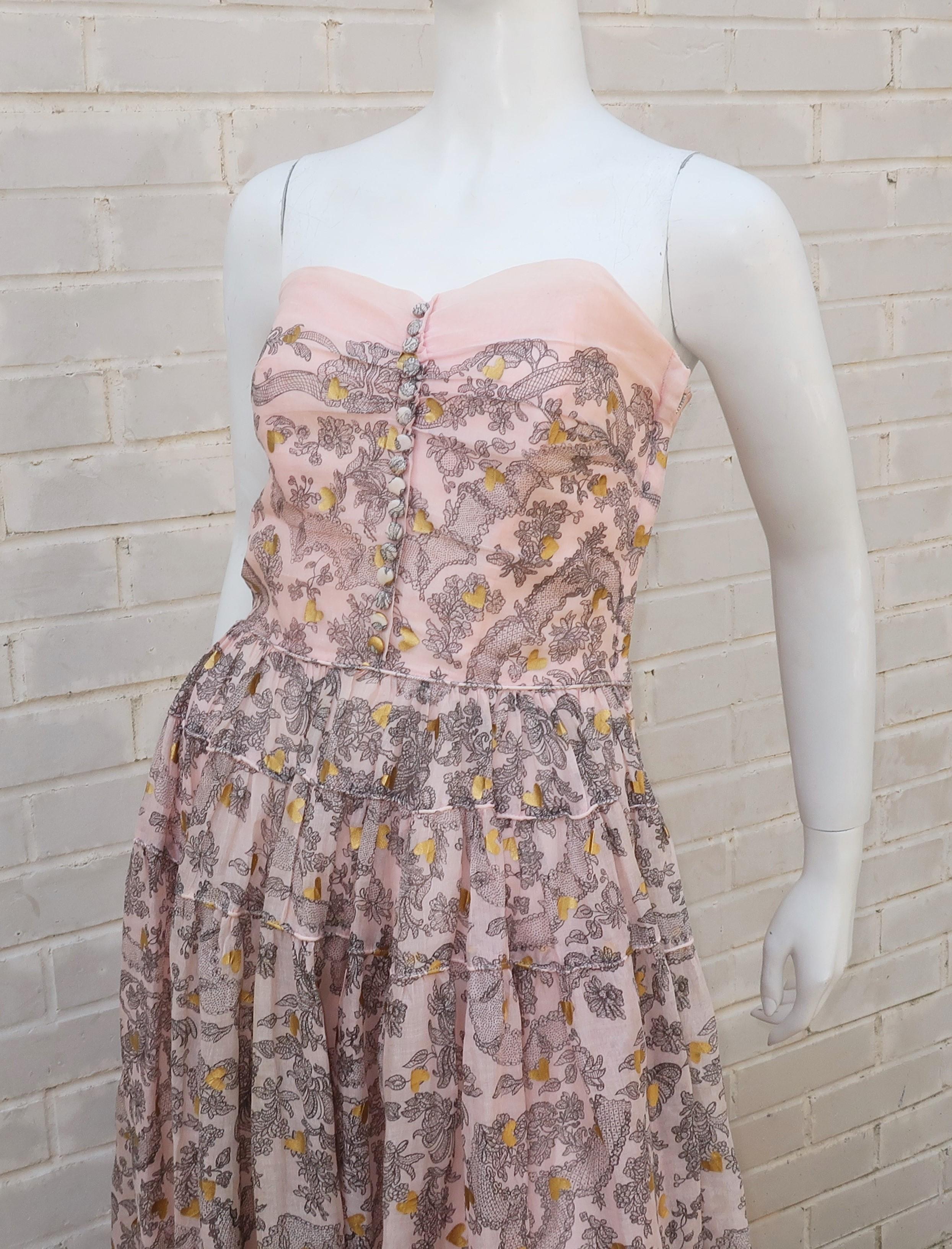 1950's Fred Perlberg Pink & Black Muslin Dress With Gold Heart Accents 2