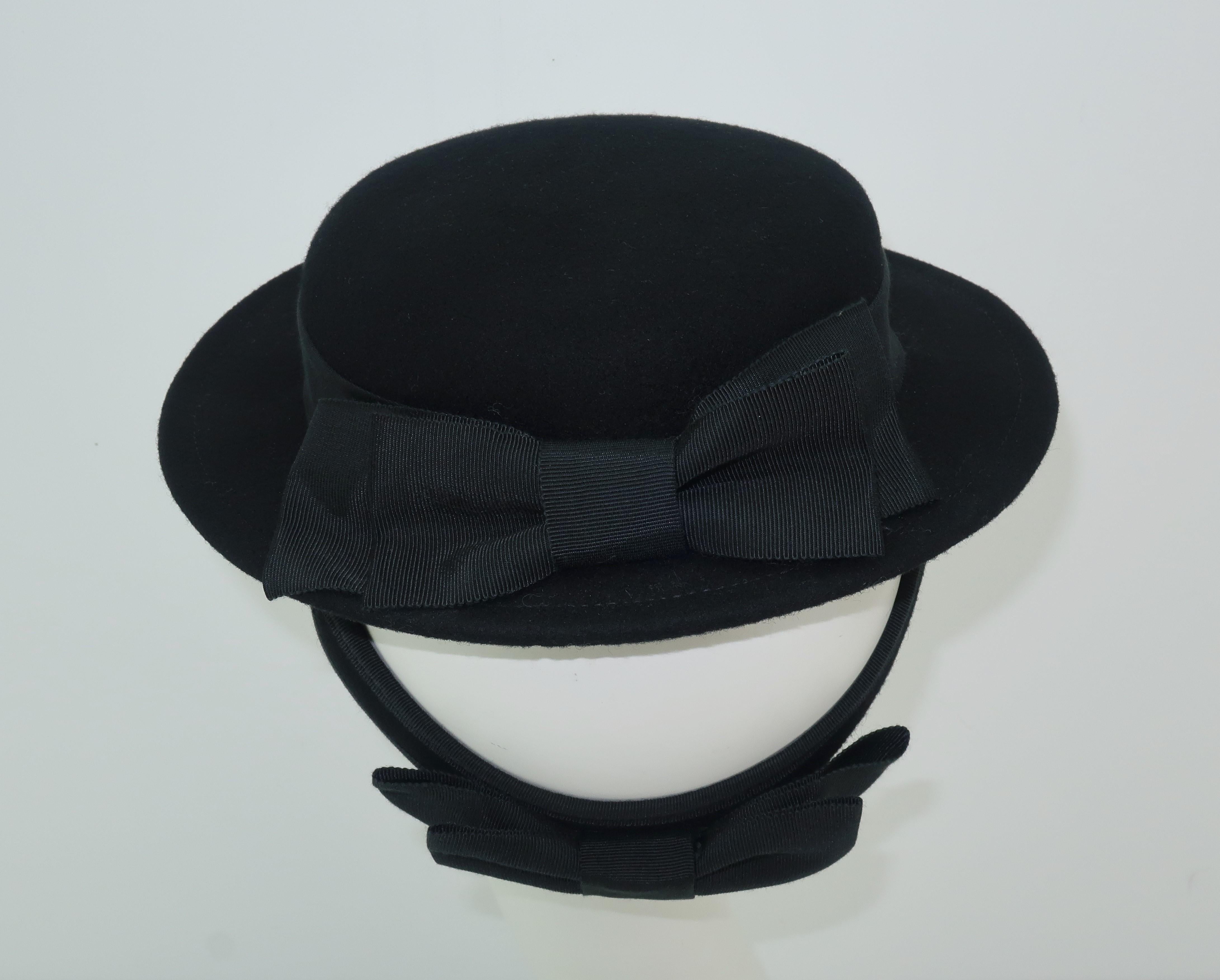 Women's 1950's Sonni San Francisco Black Wool Felt 'Tilt' Hat With Back Strap & Bows