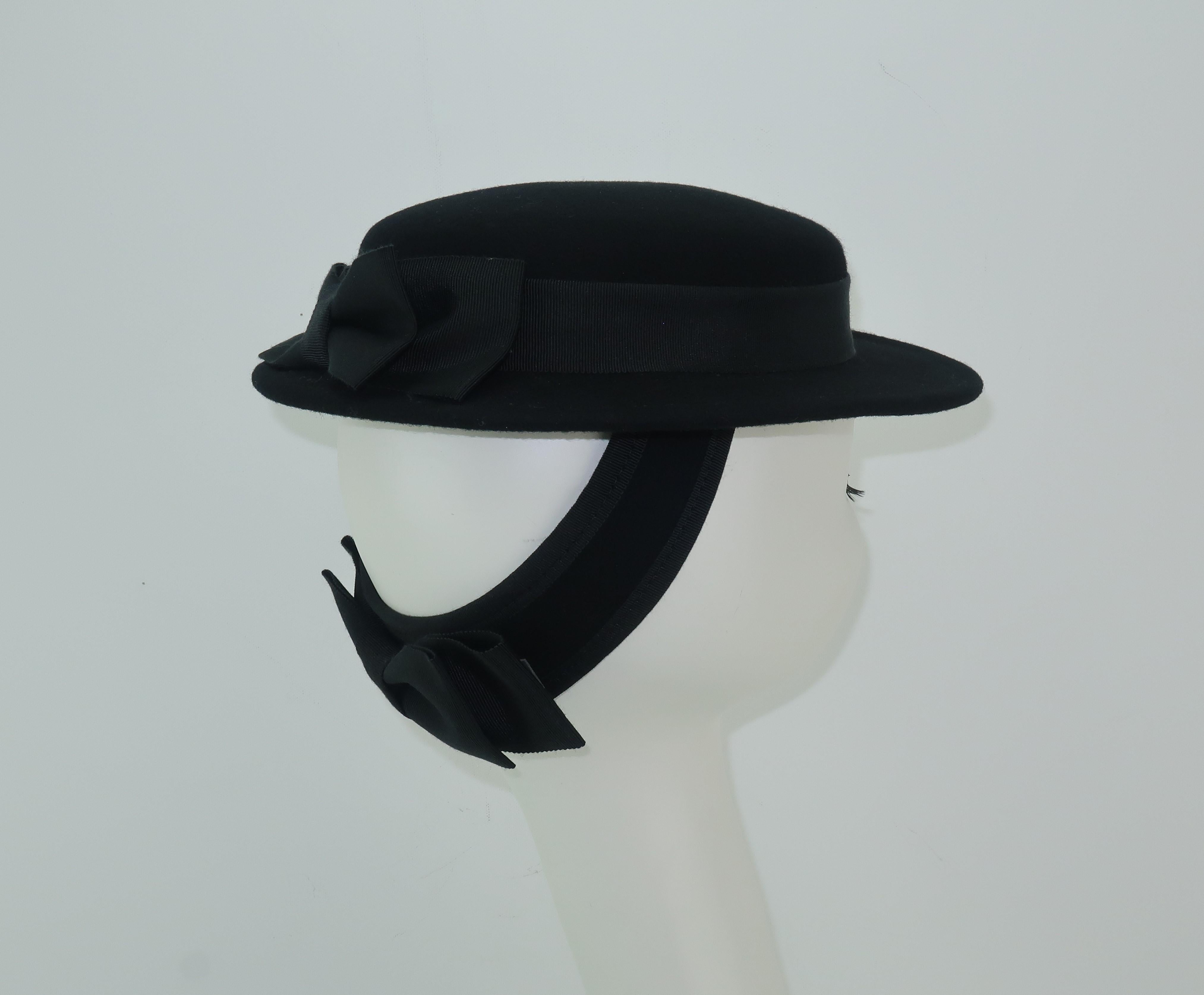 1950's Sonni San Francisco Black Wool Felt 'Tilt' Hat With Back Strap & Bows 1