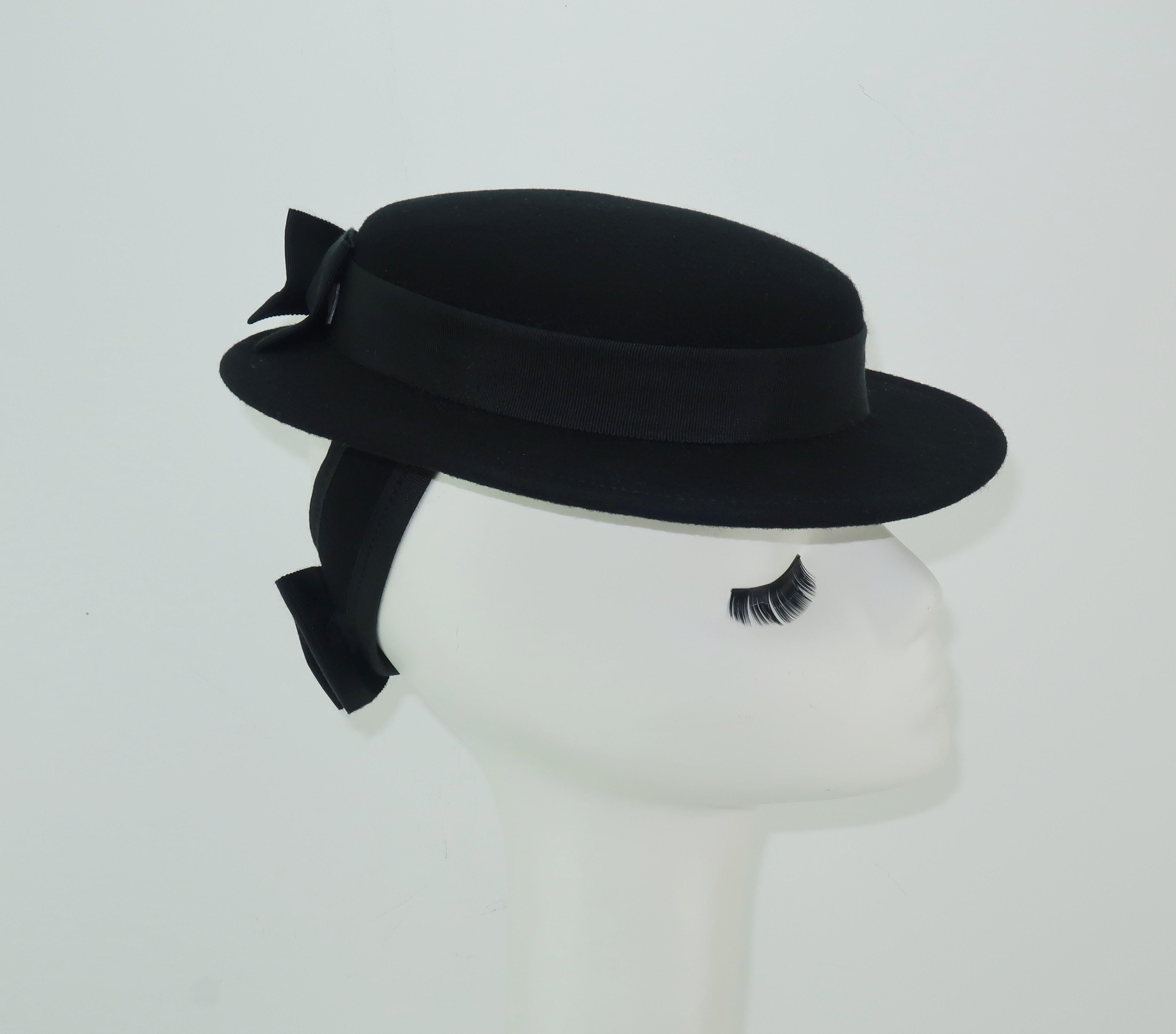 1950's Sonni San Francisco Black Wool Felt 'Tilt' Hat With Back Strap & Bows 2
