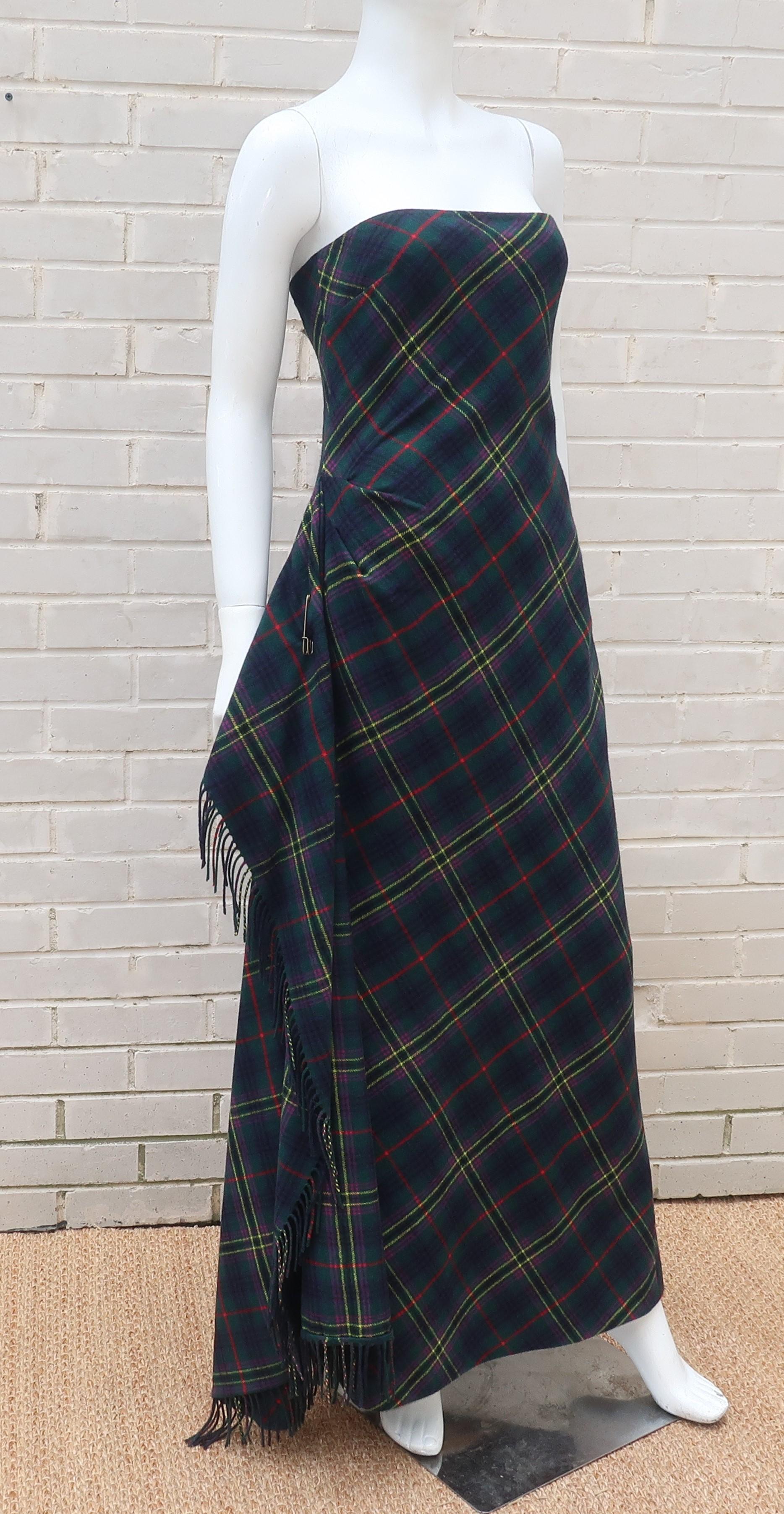 Ralph Lauren creates all-American good looks and a nod to a Scottish past with this tartan plaid strapless evening dress.  The cashmere and lambswool blended fabric is much like a cozy fringed blanket that has been wrapped, ruched, boned and pinned