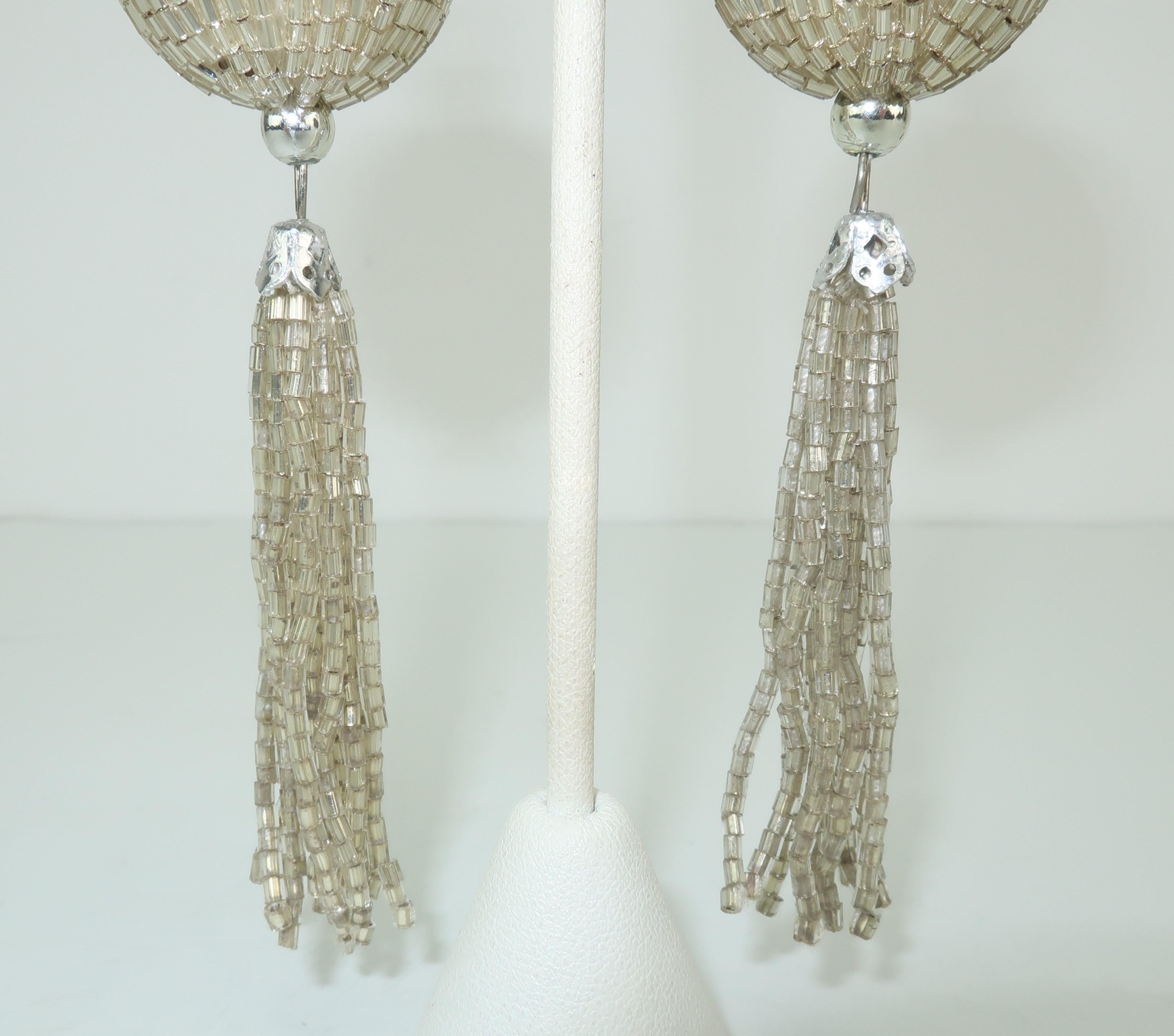 Vintage Silver Bead Tassel Dangle Disco Earrings 1