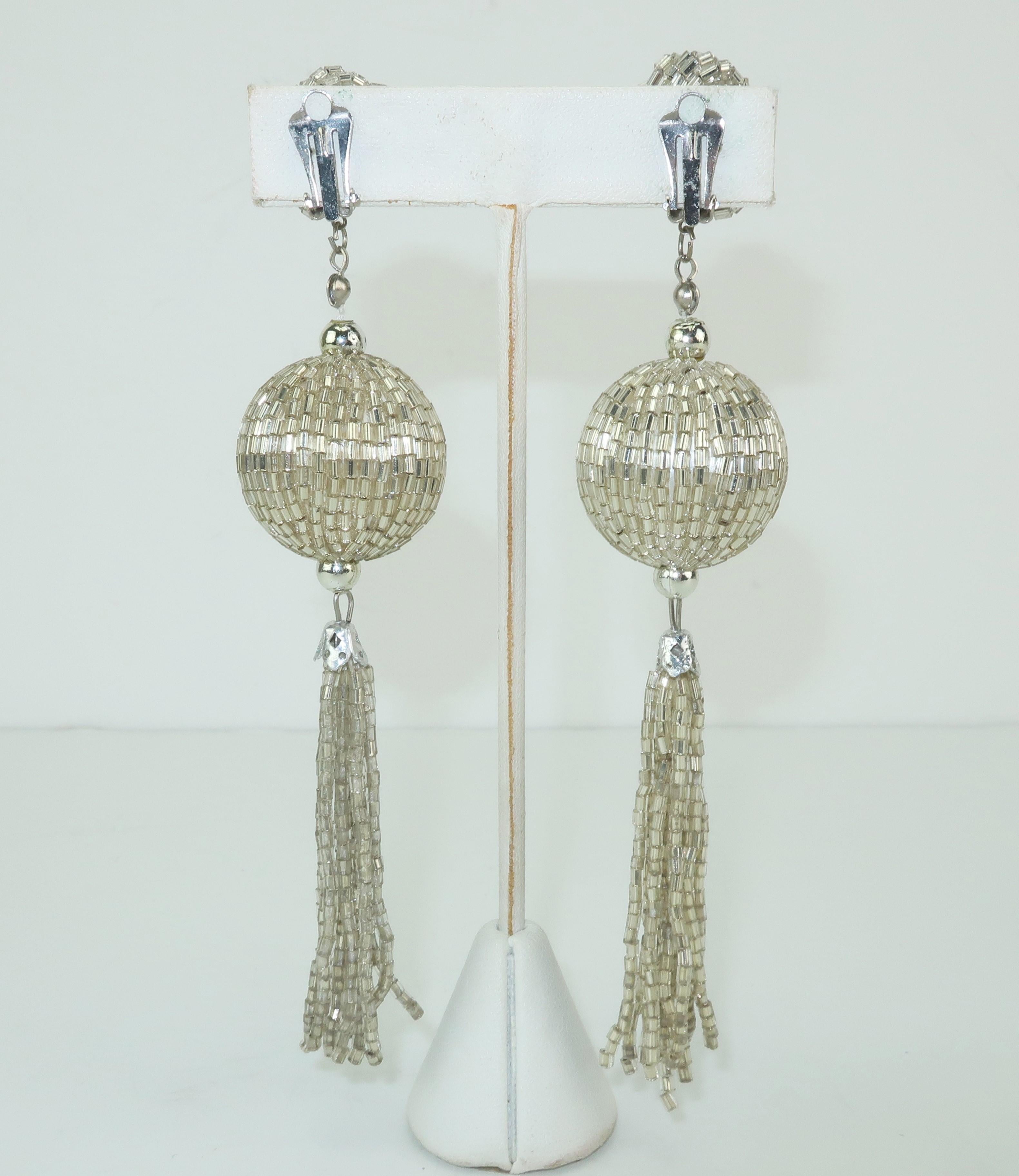 Vintage Silver Bead Tassel Dangle Disco Earrings 2
