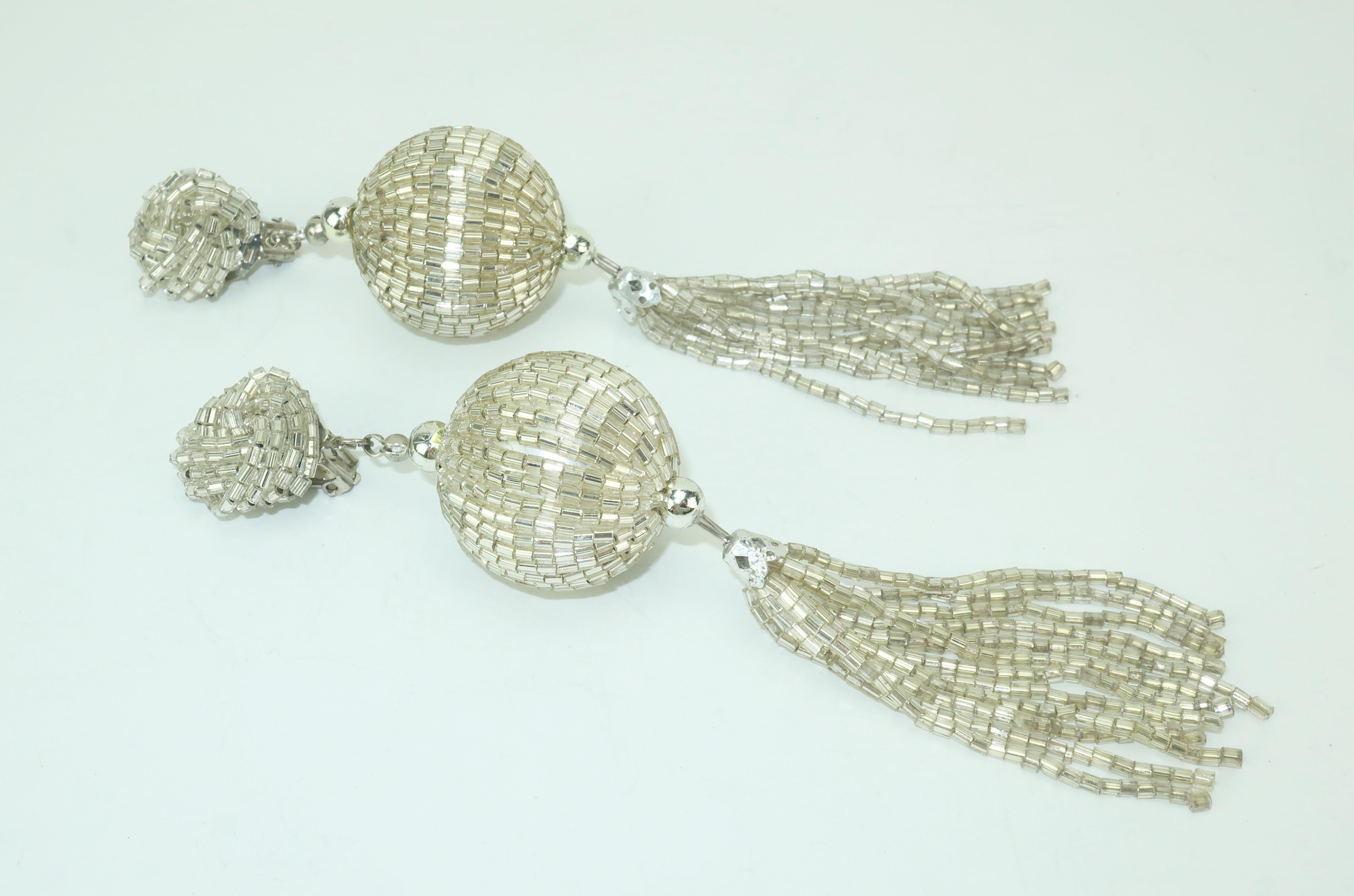 Vintage Silver Bead Tassel Dangle Disco Earrings 3