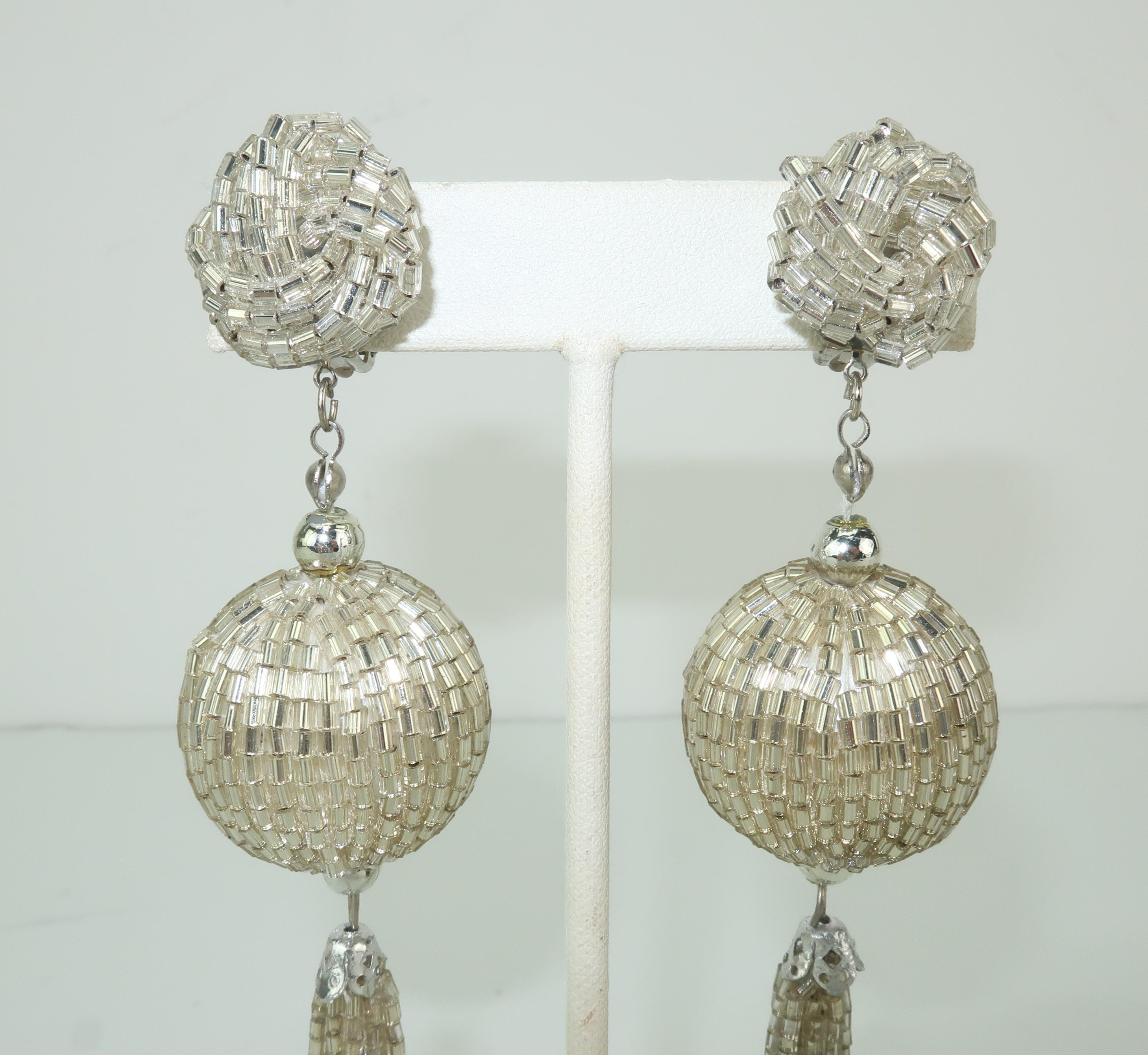 Women's Vintage Silver Bead Tassel Dangle Disco Earrings