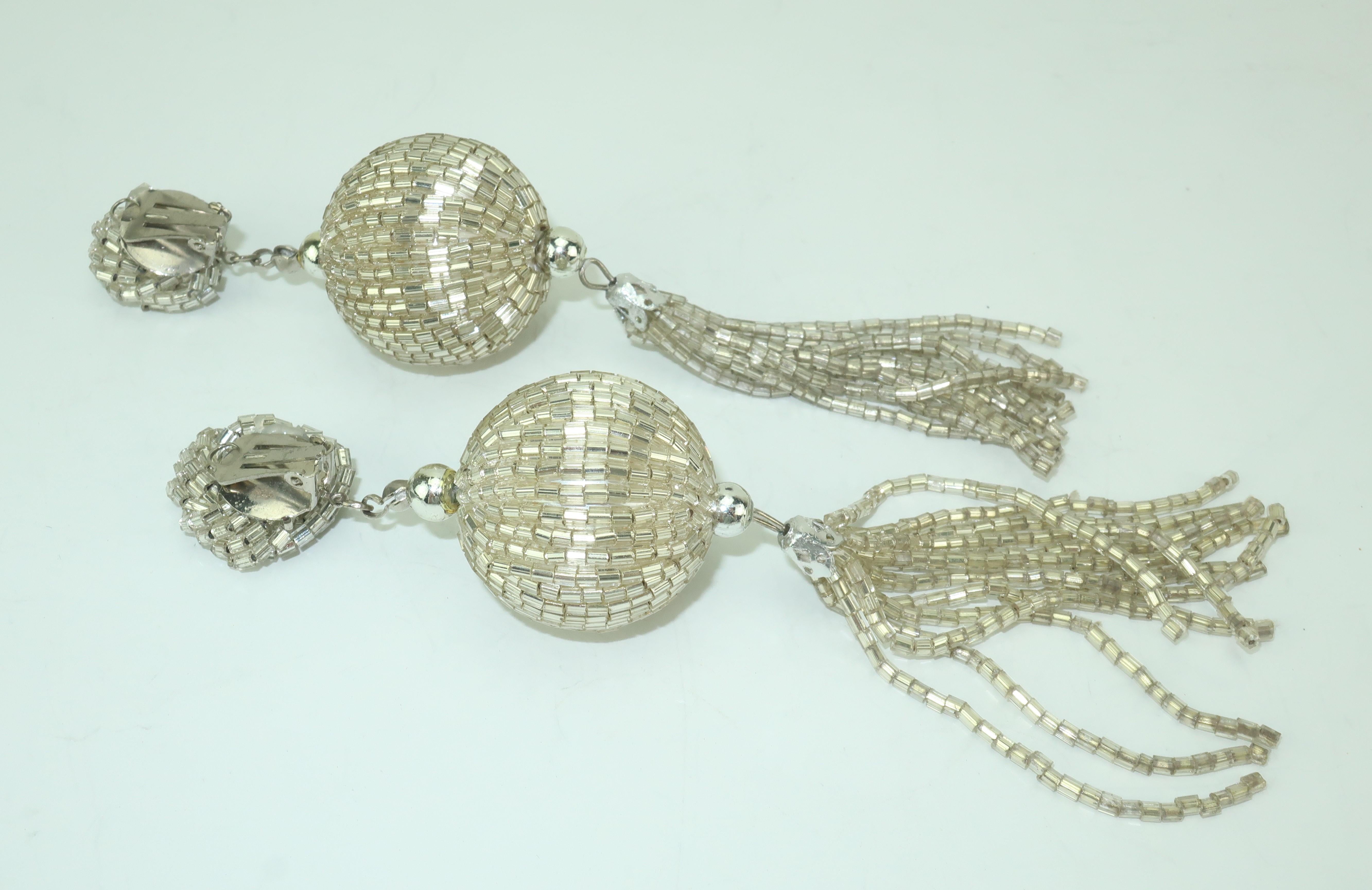 Vintage Silver Bead Tassel Dangle Disco Earrings 4