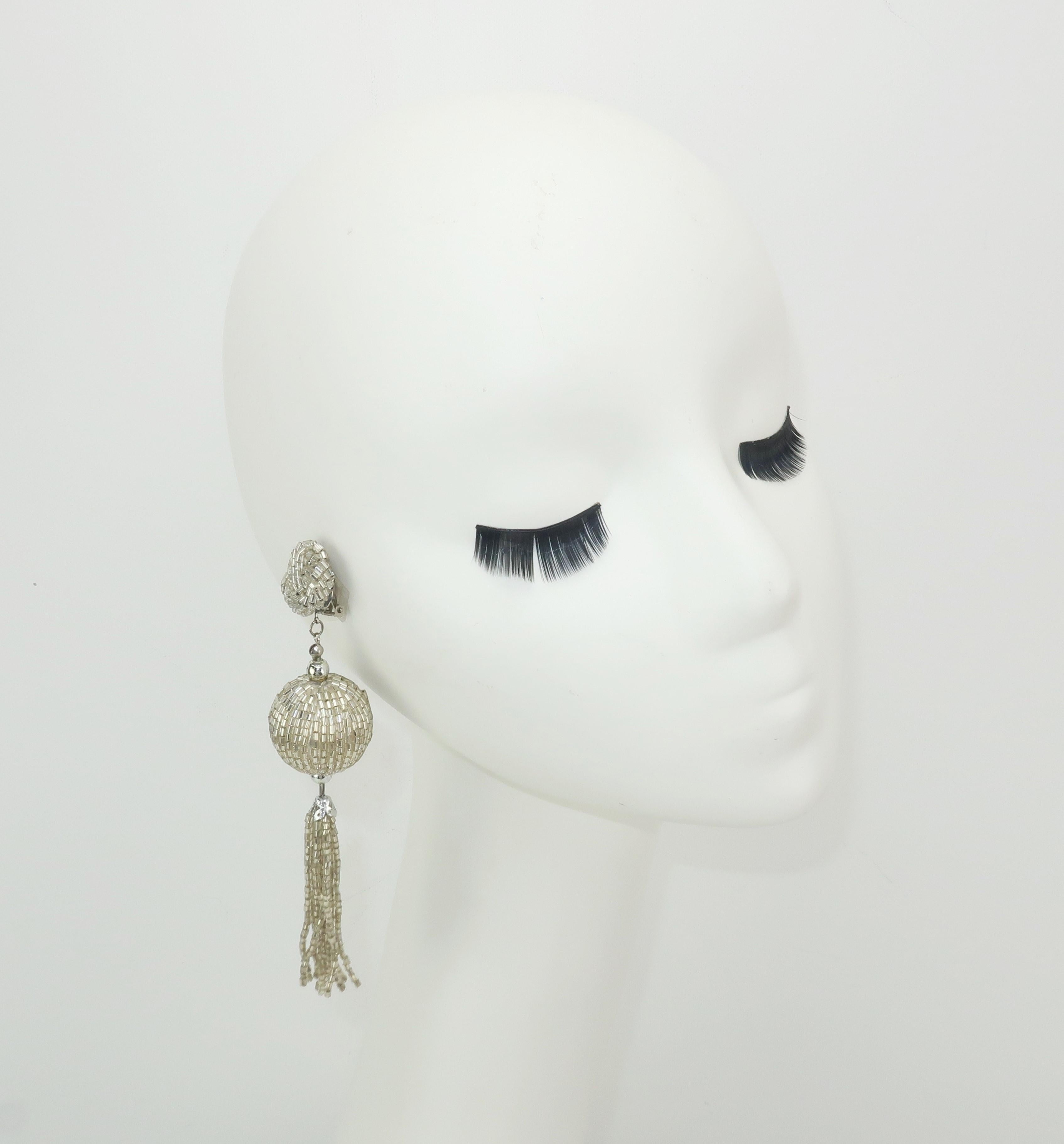 Modernist Vintage Silver Bead Tassel Dangle Disco Earrings