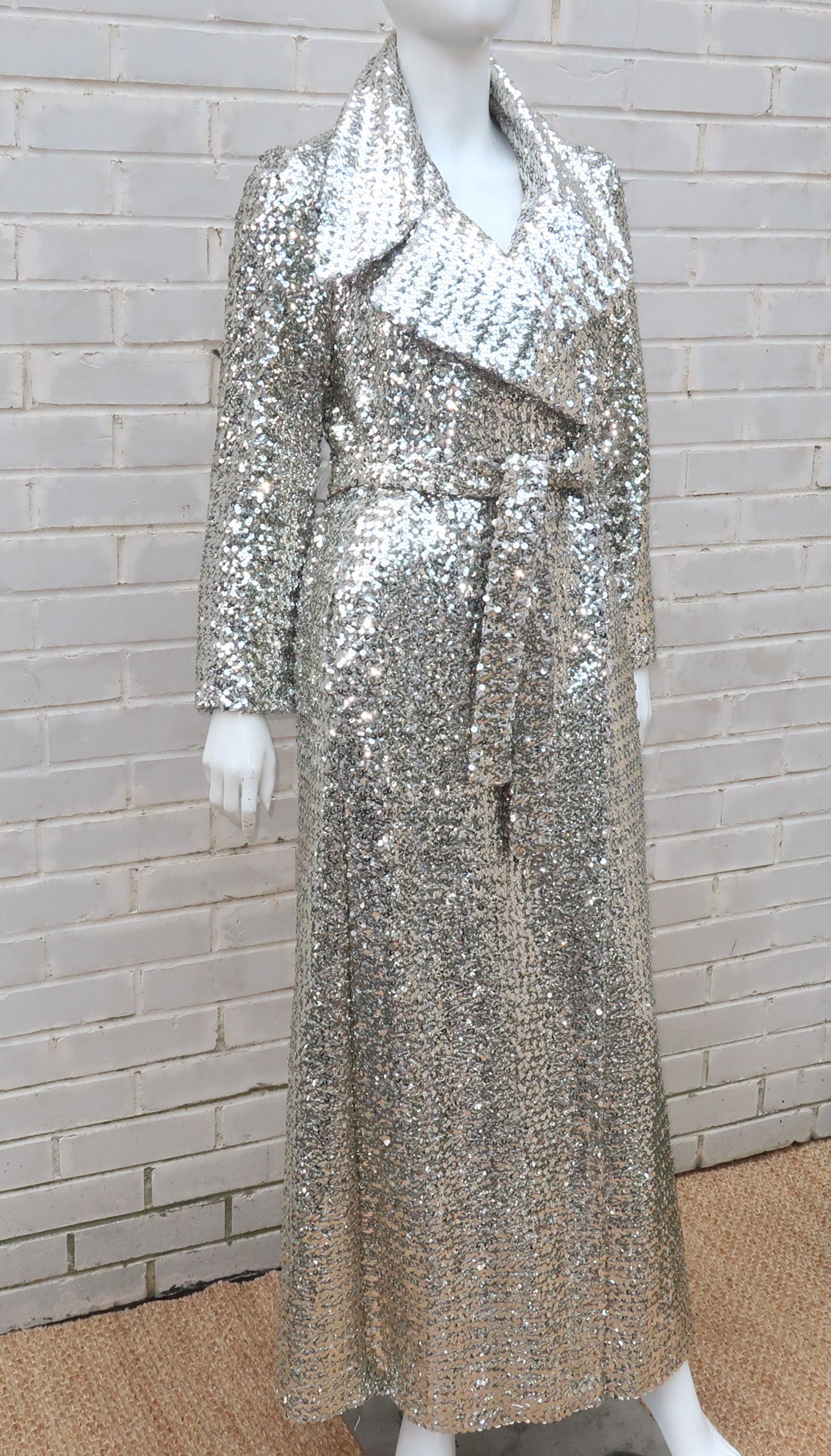 1970's Silver Sequin Full Length Maxi Trench Style Coat In Excellent Condition In Atlanta, GA