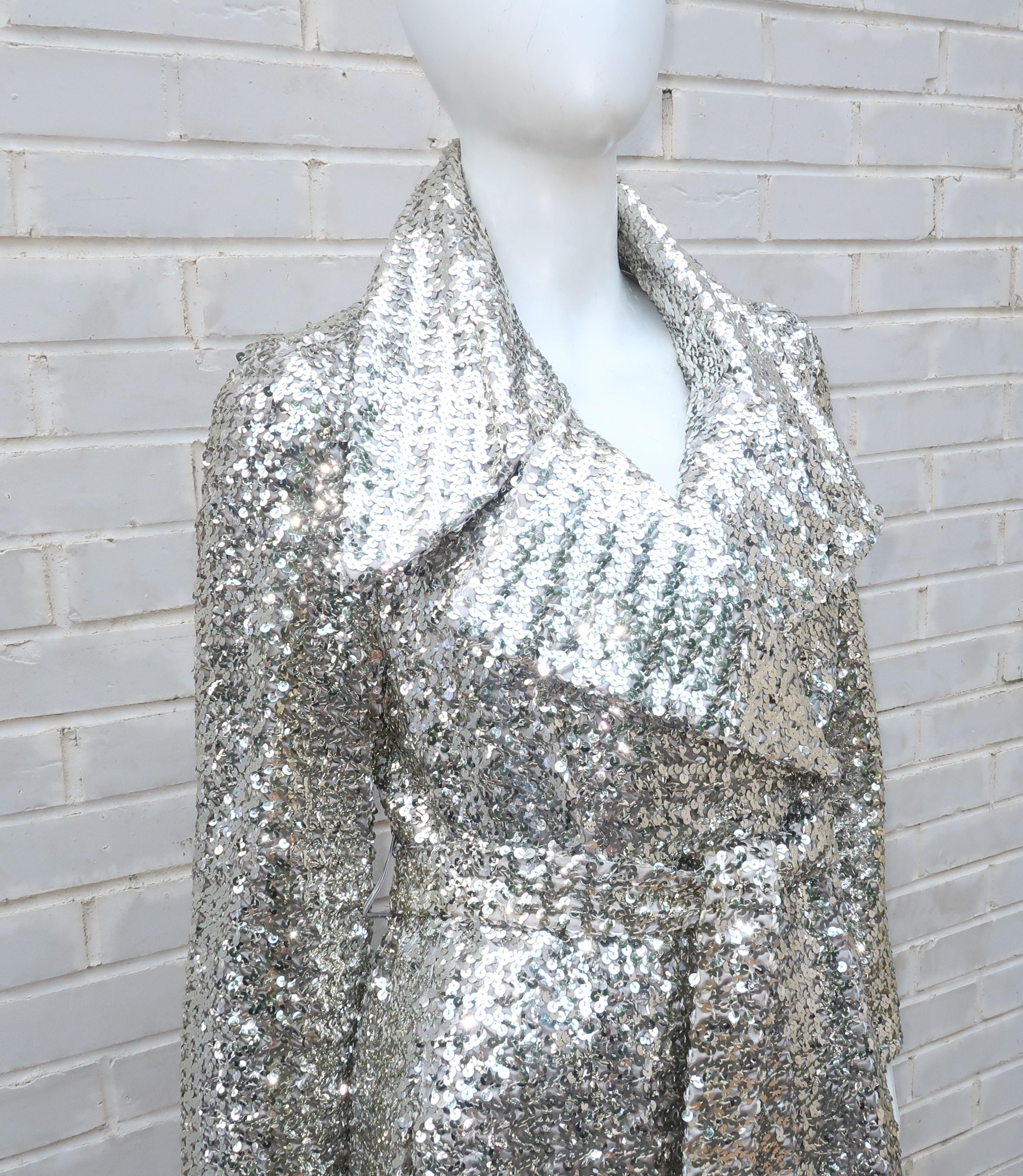 Women's 1970's Silver Sequin Full Length Maxi Trench Style Coat