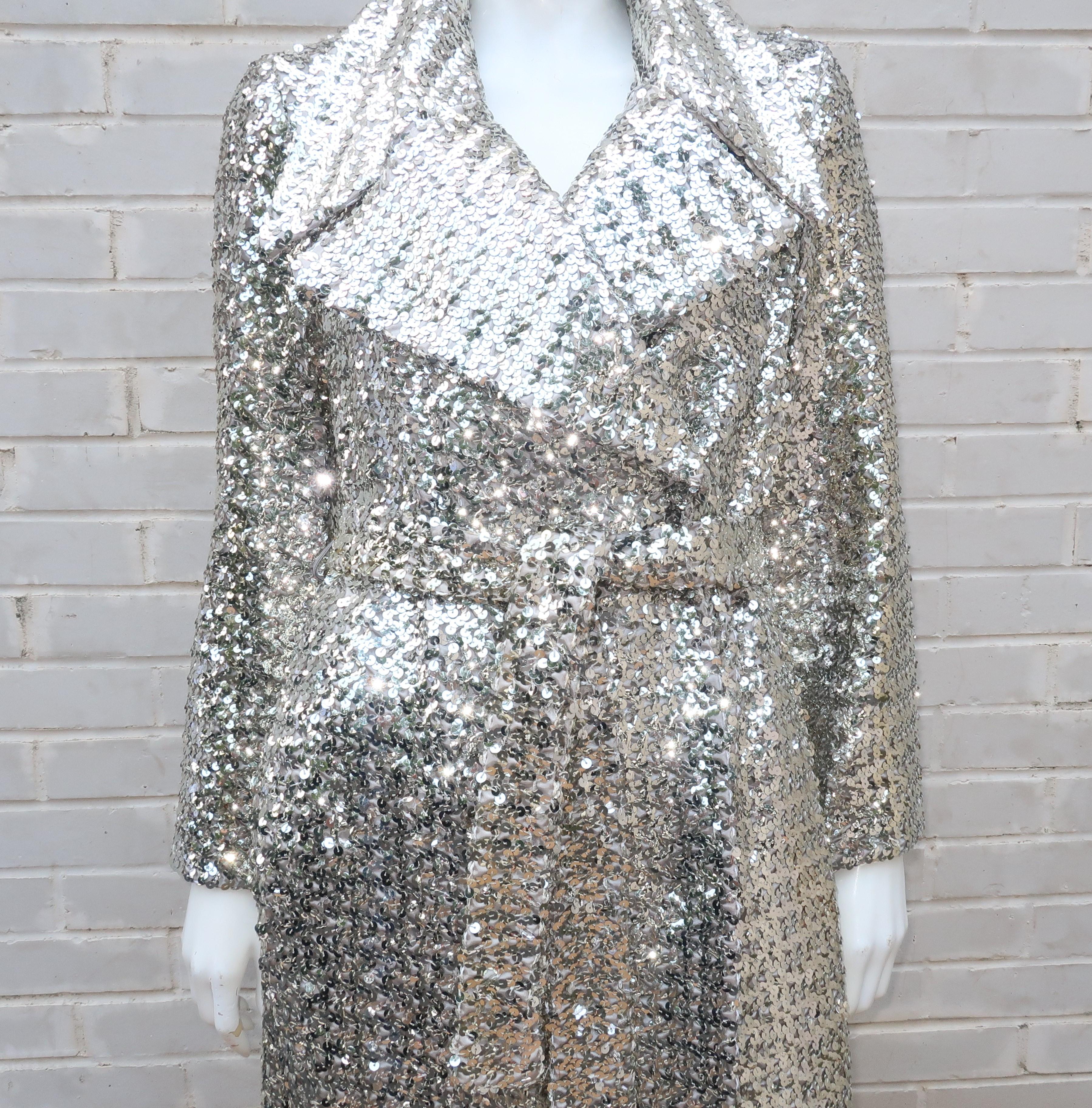 1970's Silver Sequin Full Length Maxi Trench Style Coat 1