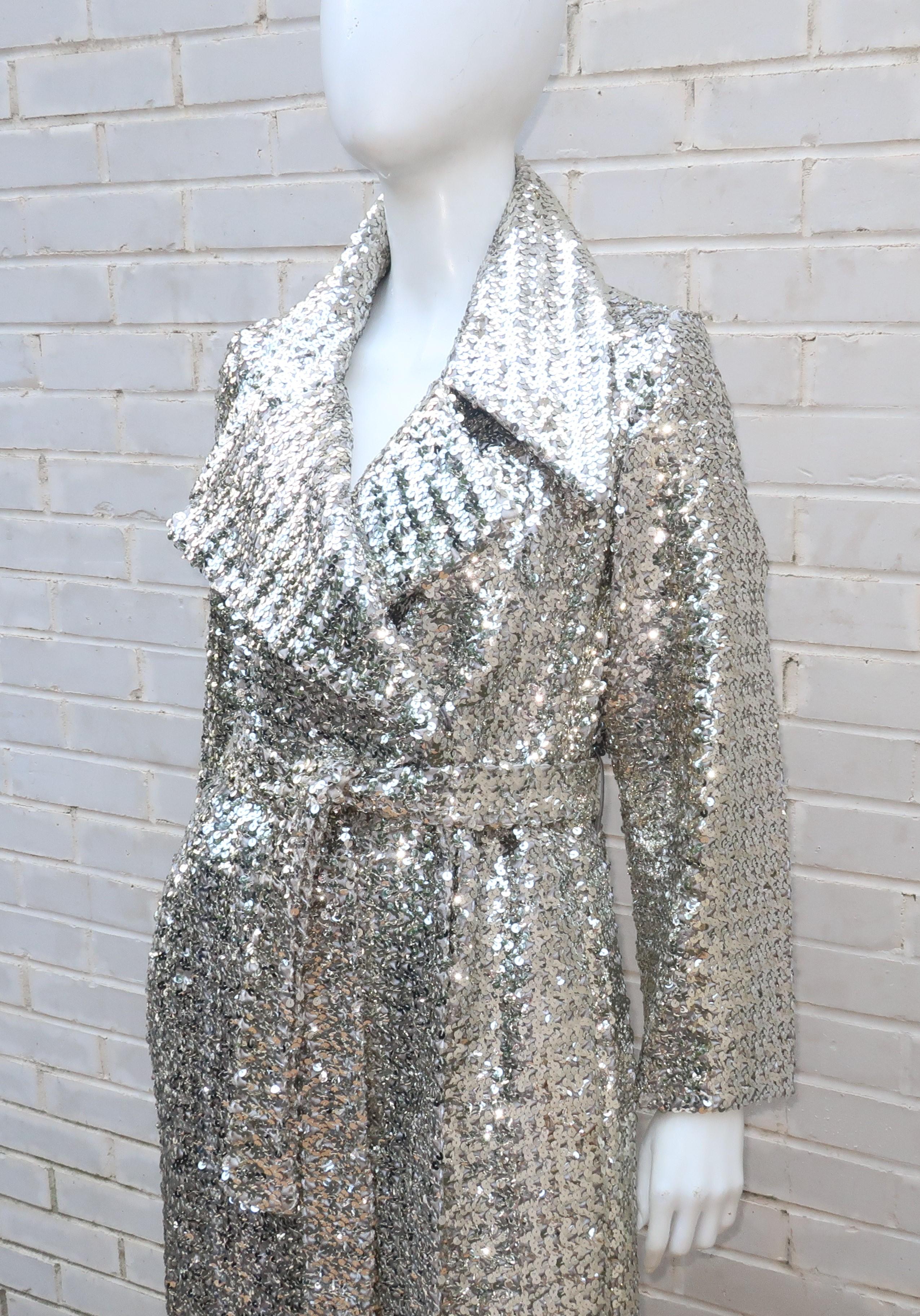 1970's Silver Sequin Full Length Maxi Trench Style Coat 2