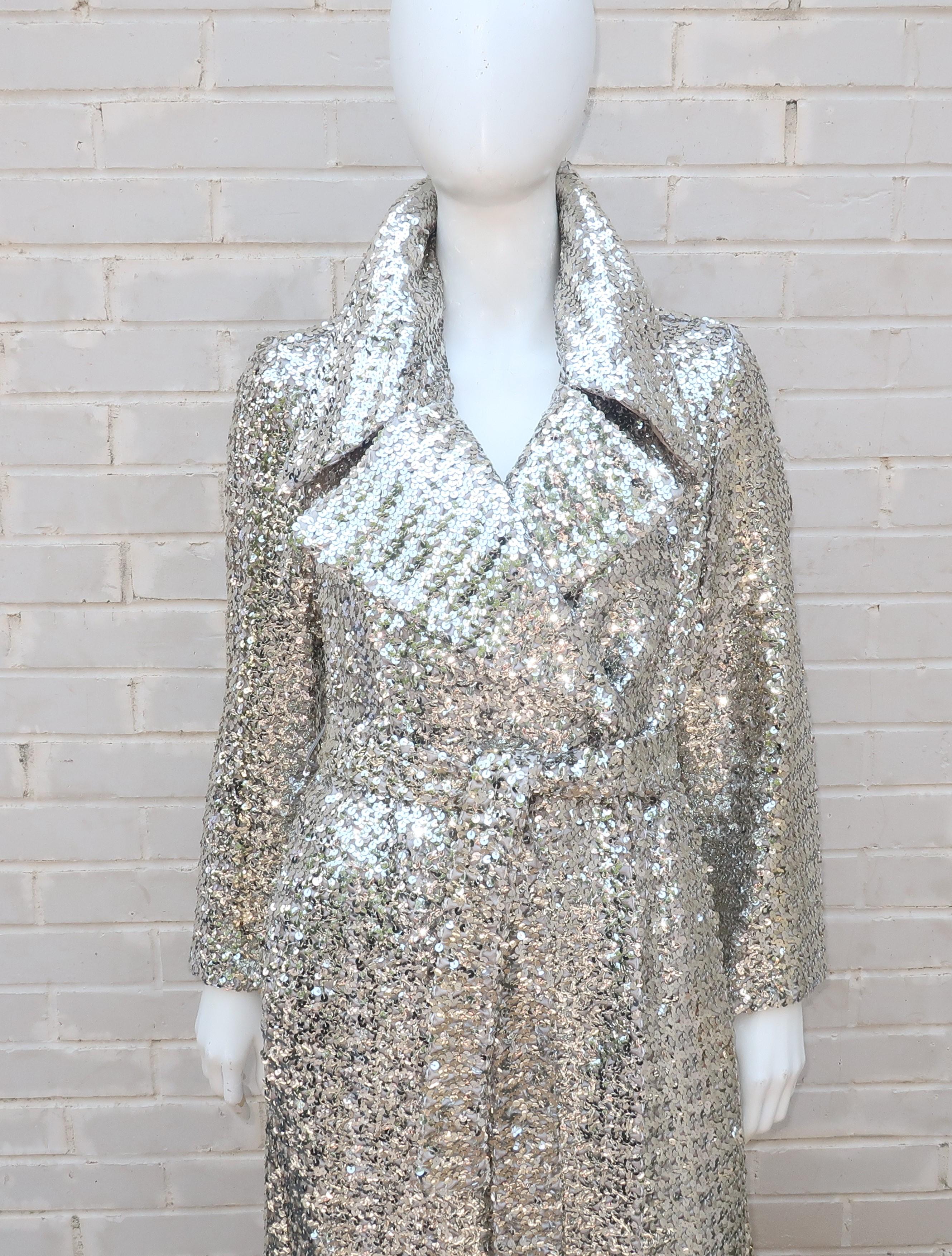 1970's Silver Sequin Full Length Maxi Trench Style Coat 3