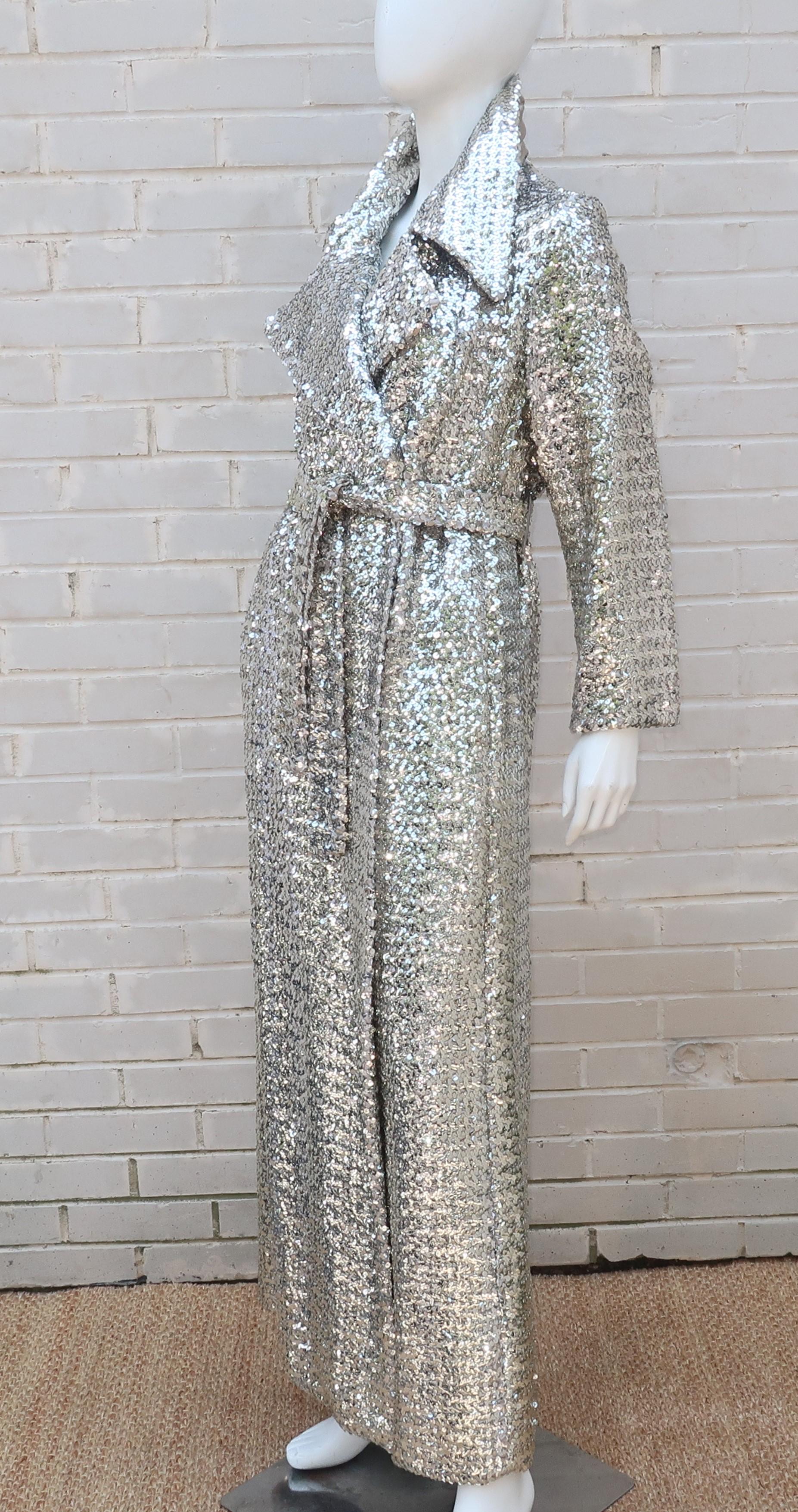 1970's Silver Sequin Full Length Maxi Trench Style Coat 4