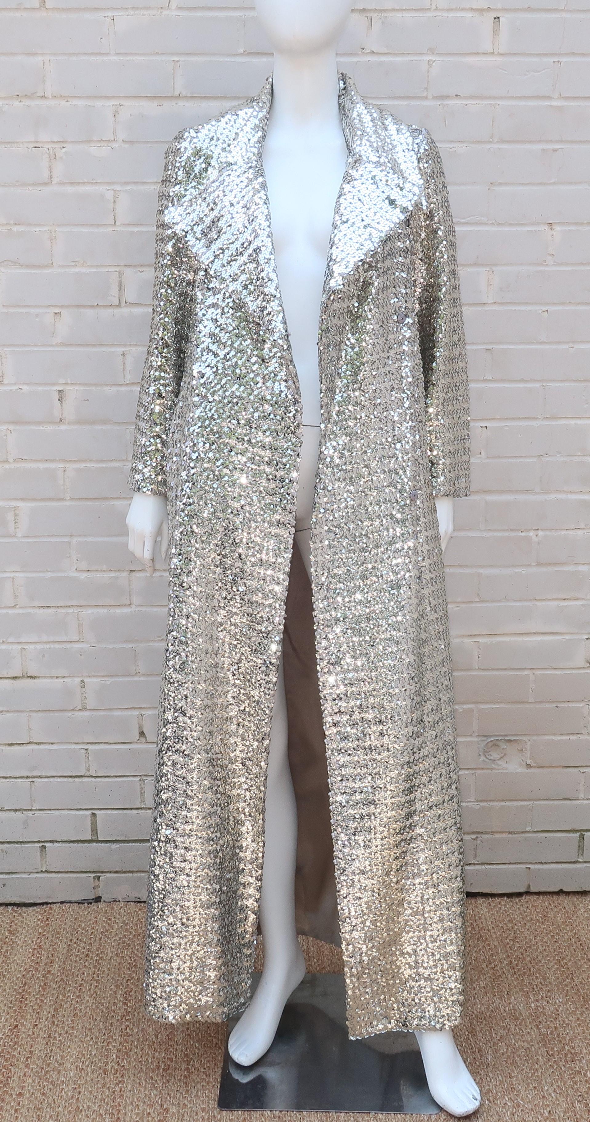 1970's Silver Sequin Full Length Maxi Trench Style Coat 7