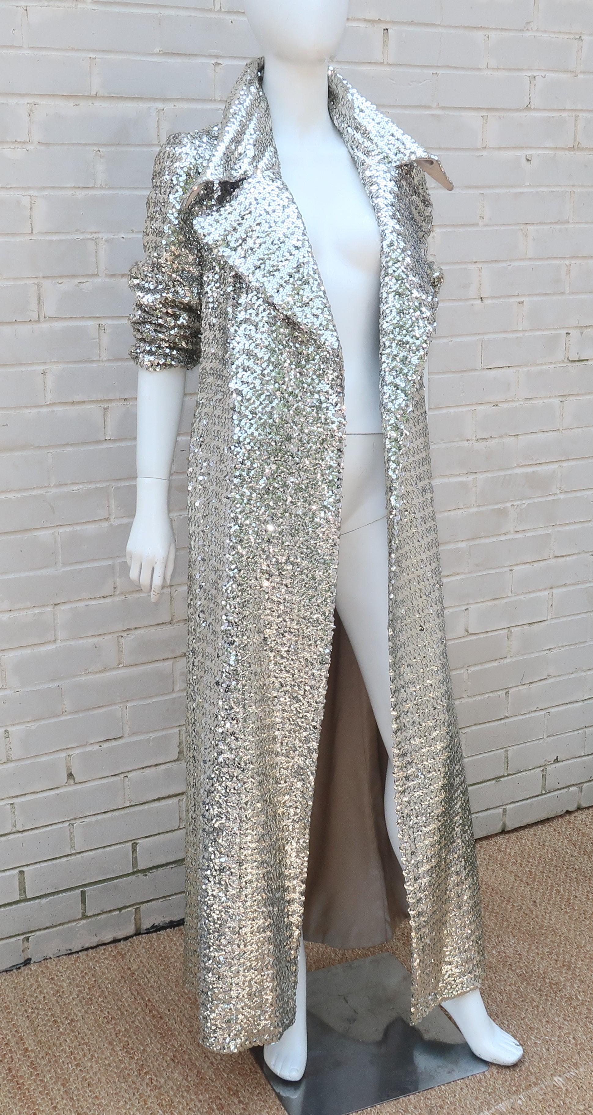 1970's Silver Sequin Full Length Maxi Trench Style Coat 8