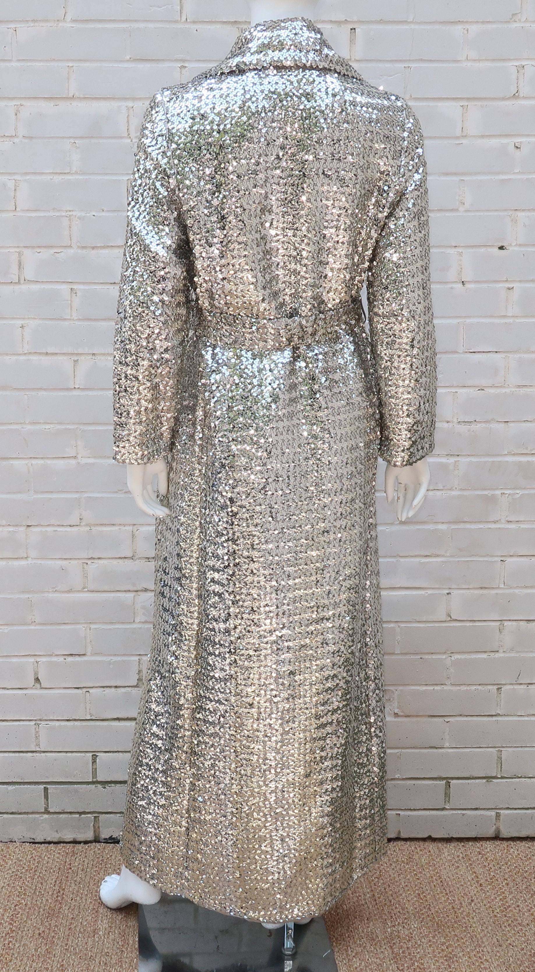 1970's Silver Sequin Full Length Maxi Trench Style Coat 6