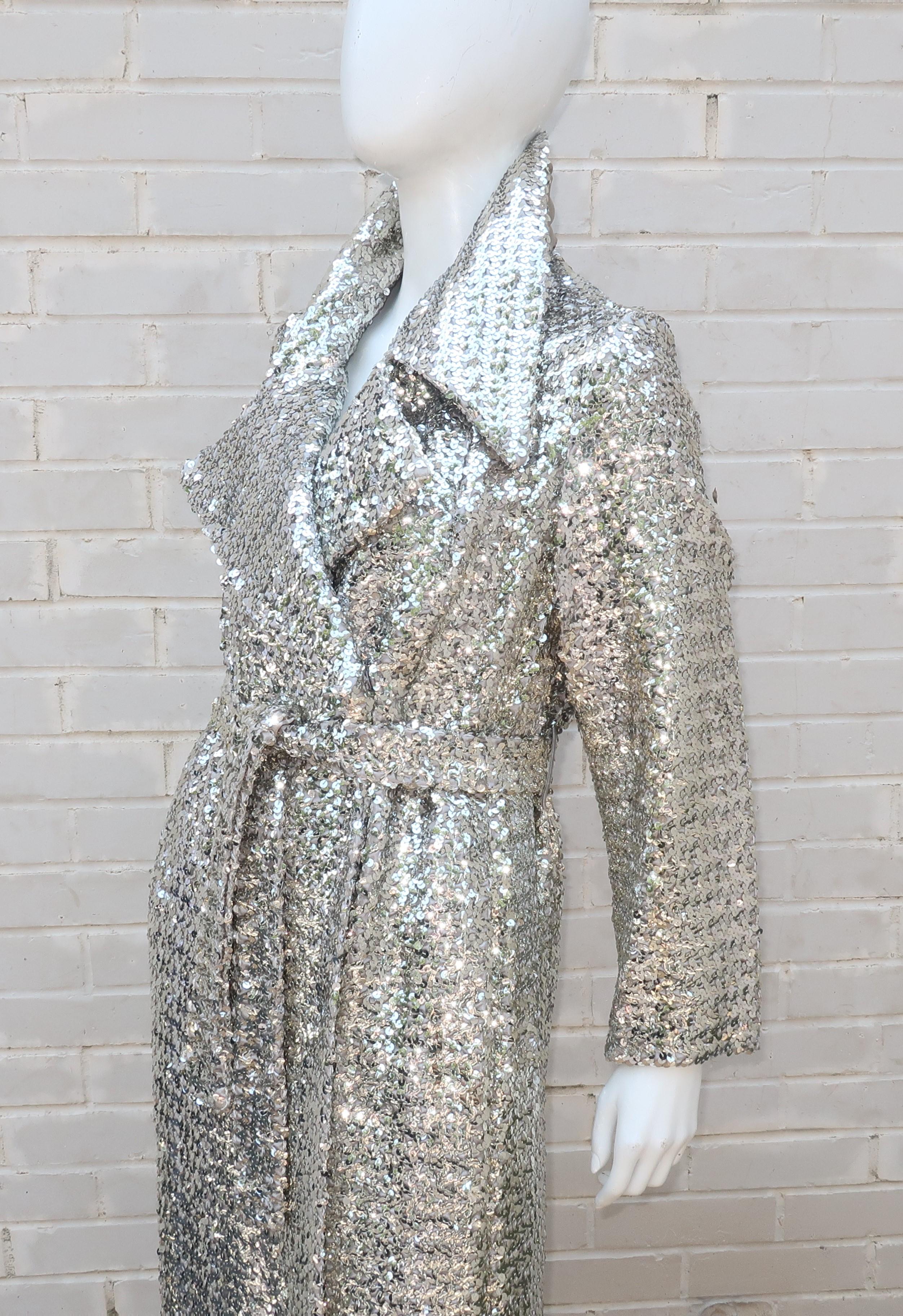 1970's Silver Sequin Full Length Maxi Trench Style Coat 5