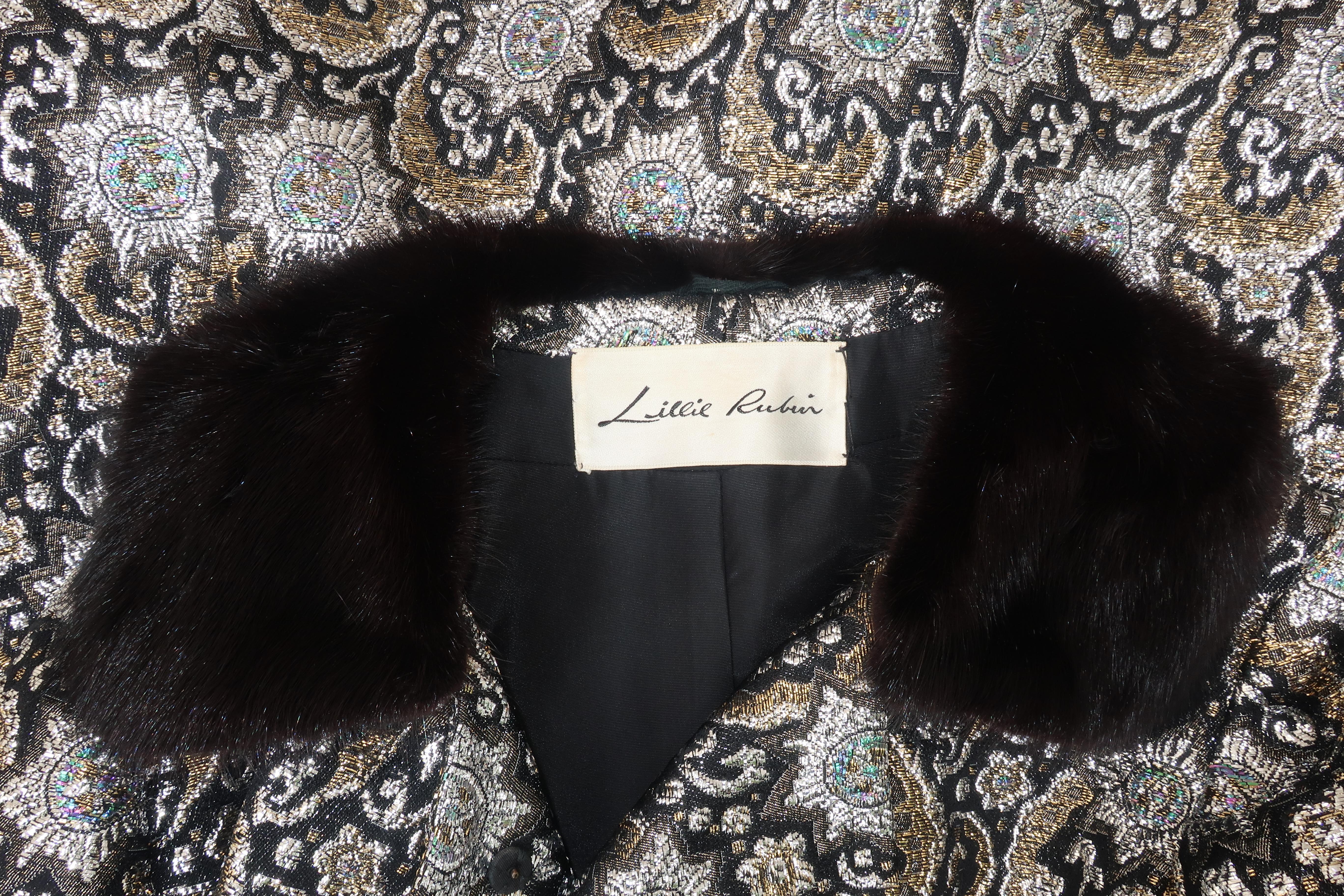 1960’s Lillie Rubin Silver Lamé & Black Metallic Dress & Coat With Mink Trim 8