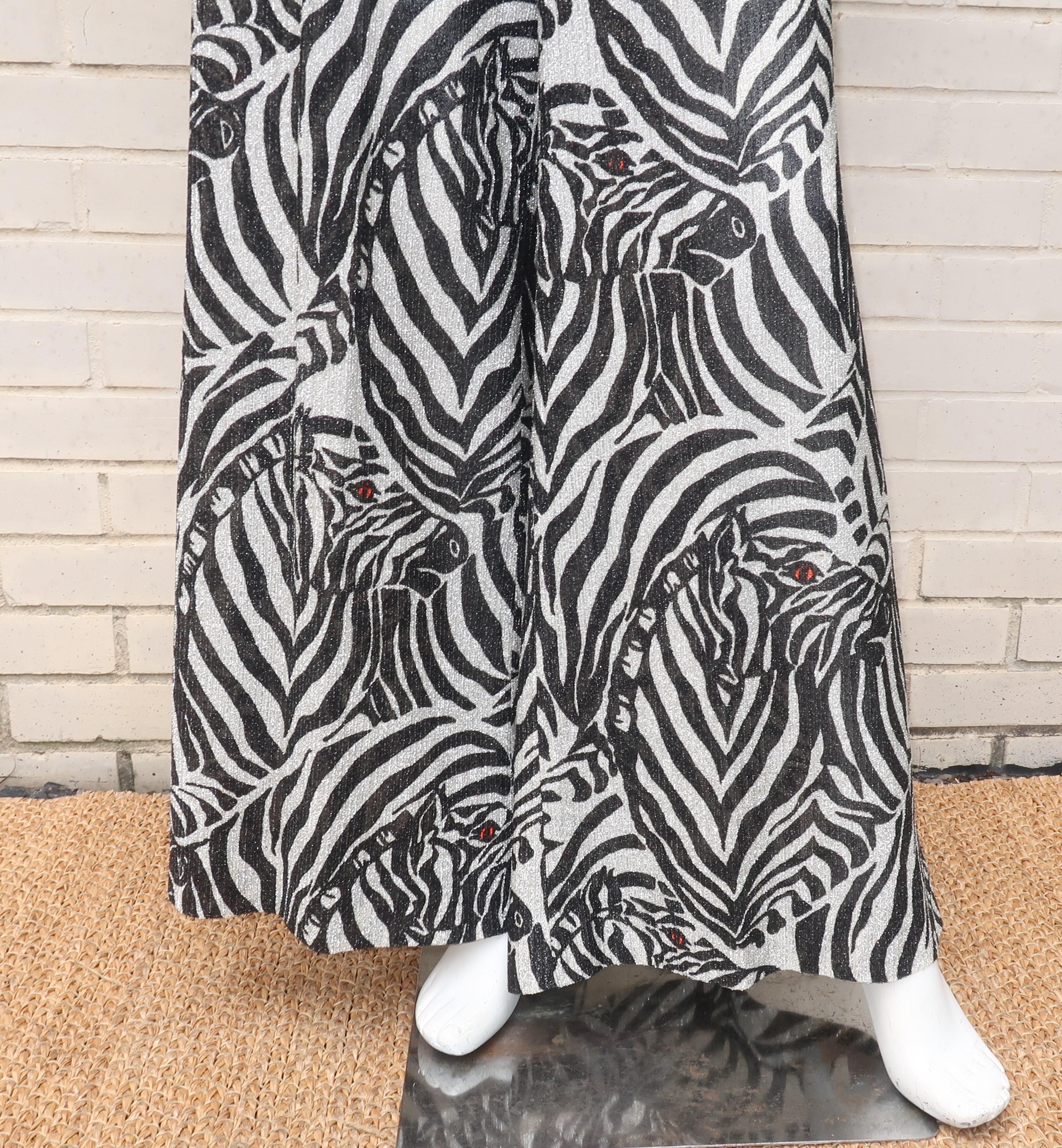 Black Silver Lamé Zebra Animal Print Palazzo Pants, 1970s 
