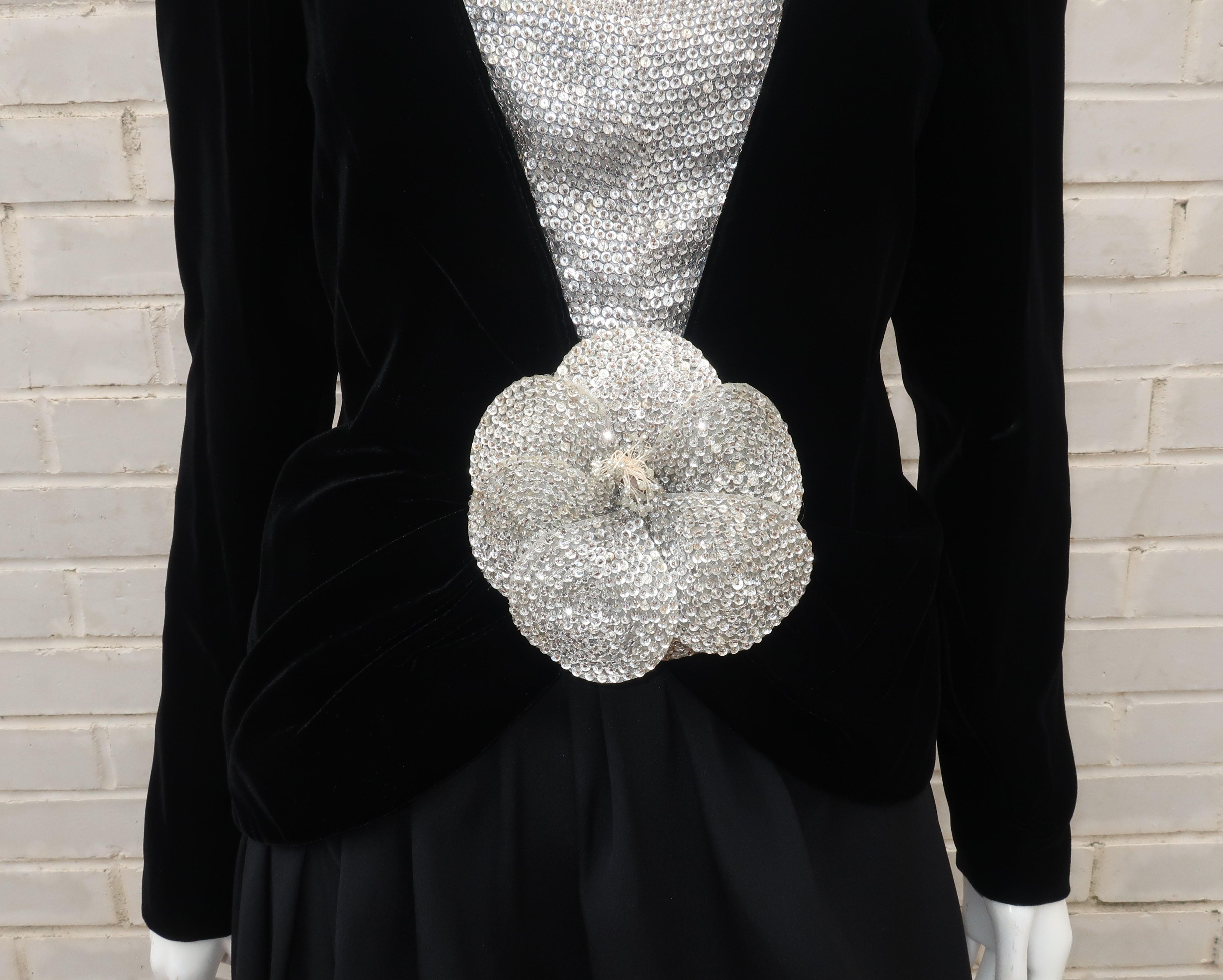 Women's C.1990 Oscar de la Renta Black Velvet Two Piece Dress With Silver Sequins