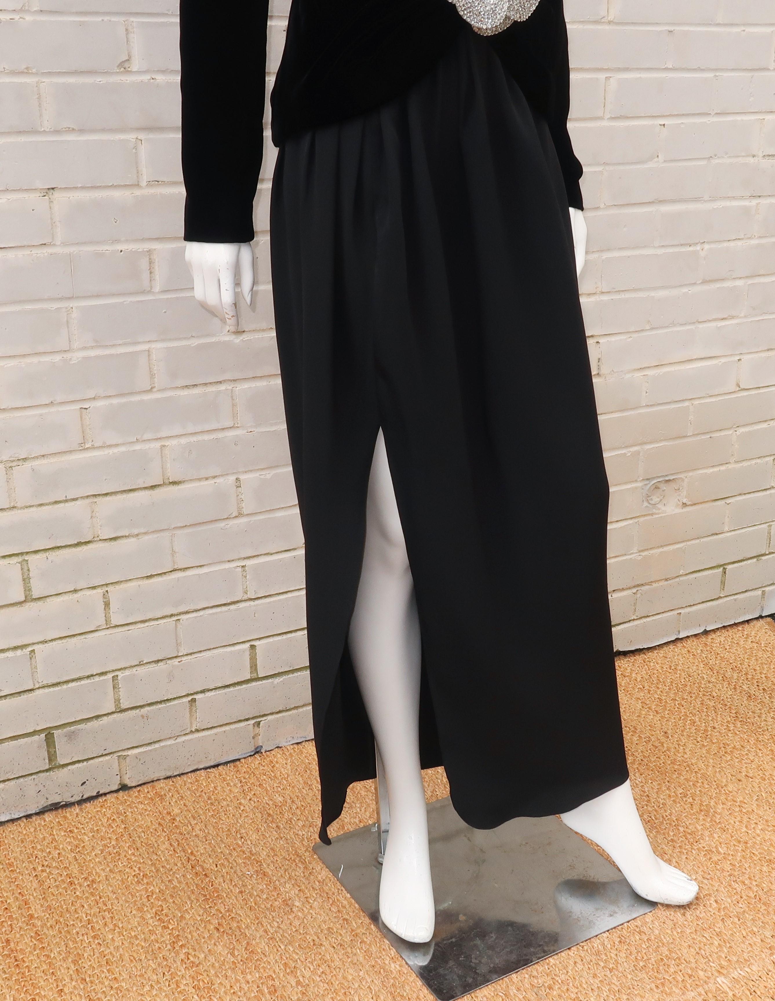 C.1990 Oscar de la Renta Black Velvet Two Piece Dress With Silver Sequins 1