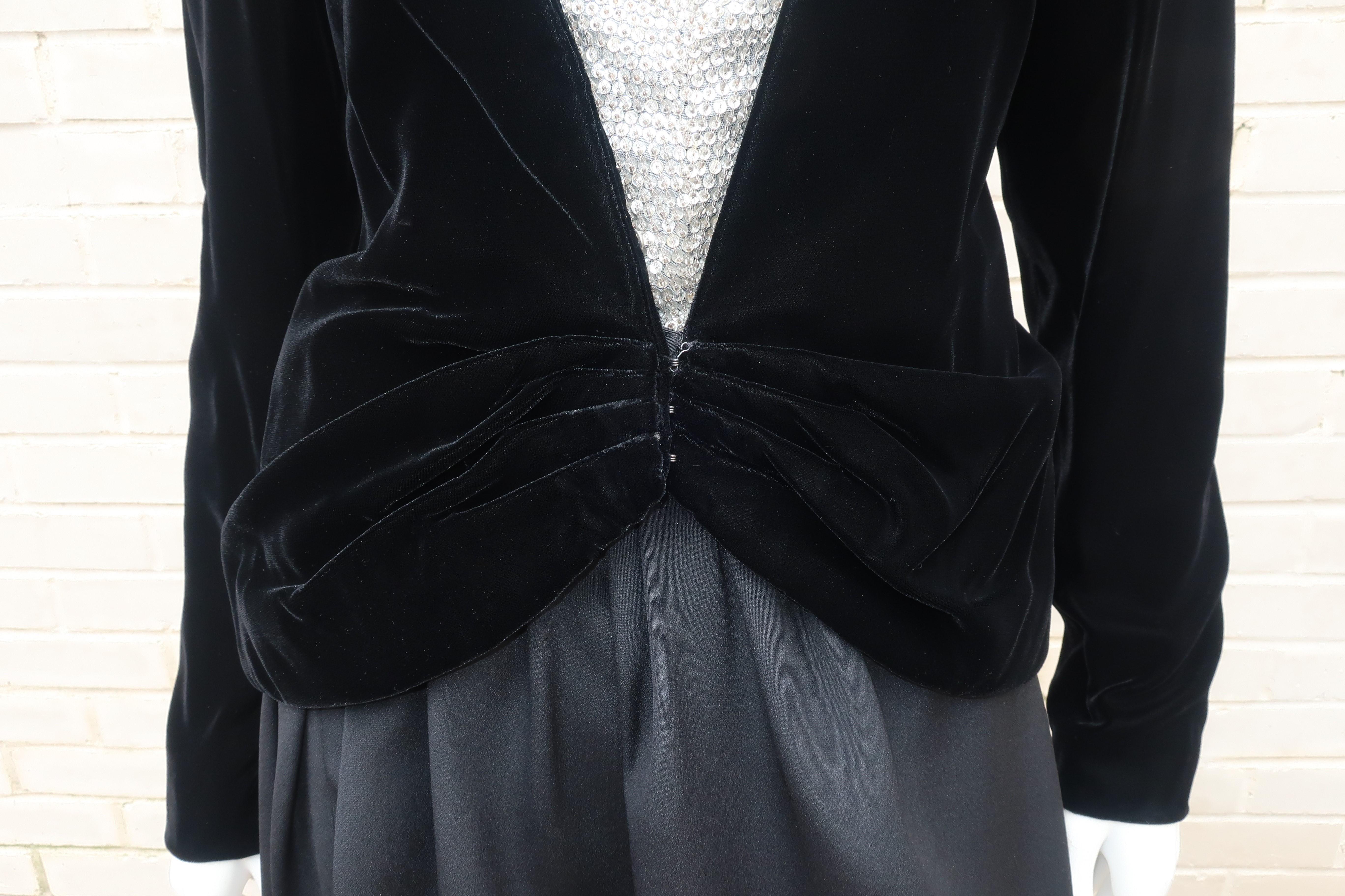 C.1990 Oscar de la Renta Black Velvet Two Piece Dress With Silver Sequins 6