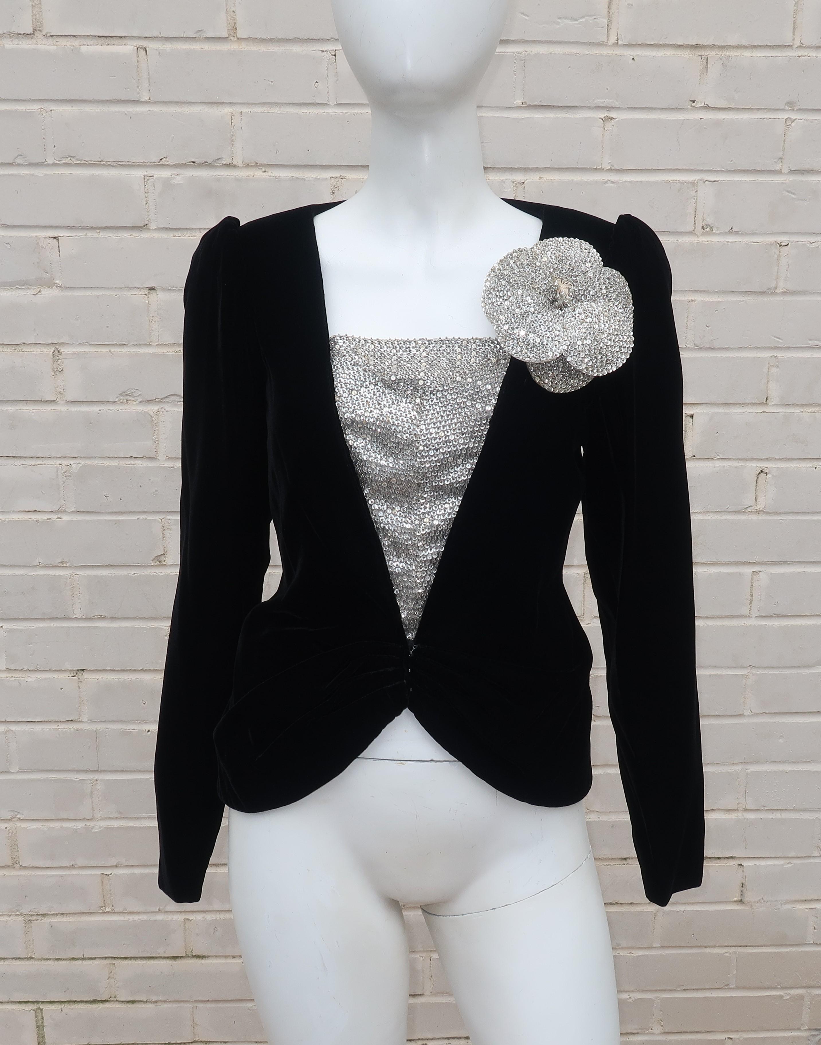 C.1990 Oscar de la Renta Black Velvet Two Piece Dress With Silver Sequins 12