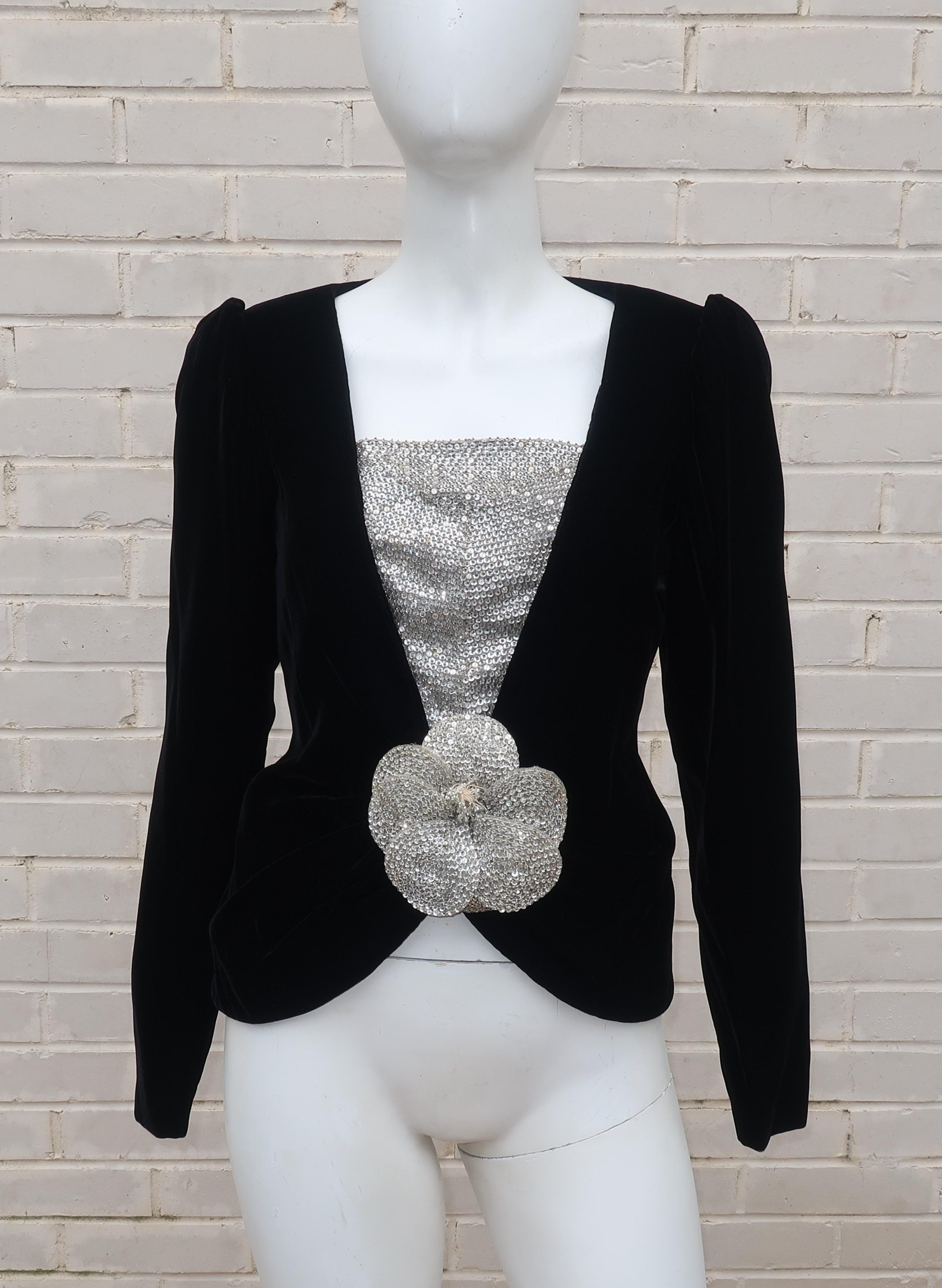C.1990 Oscar de la Renta Black Velvet Two Piece Dress With Silver Sequins 11