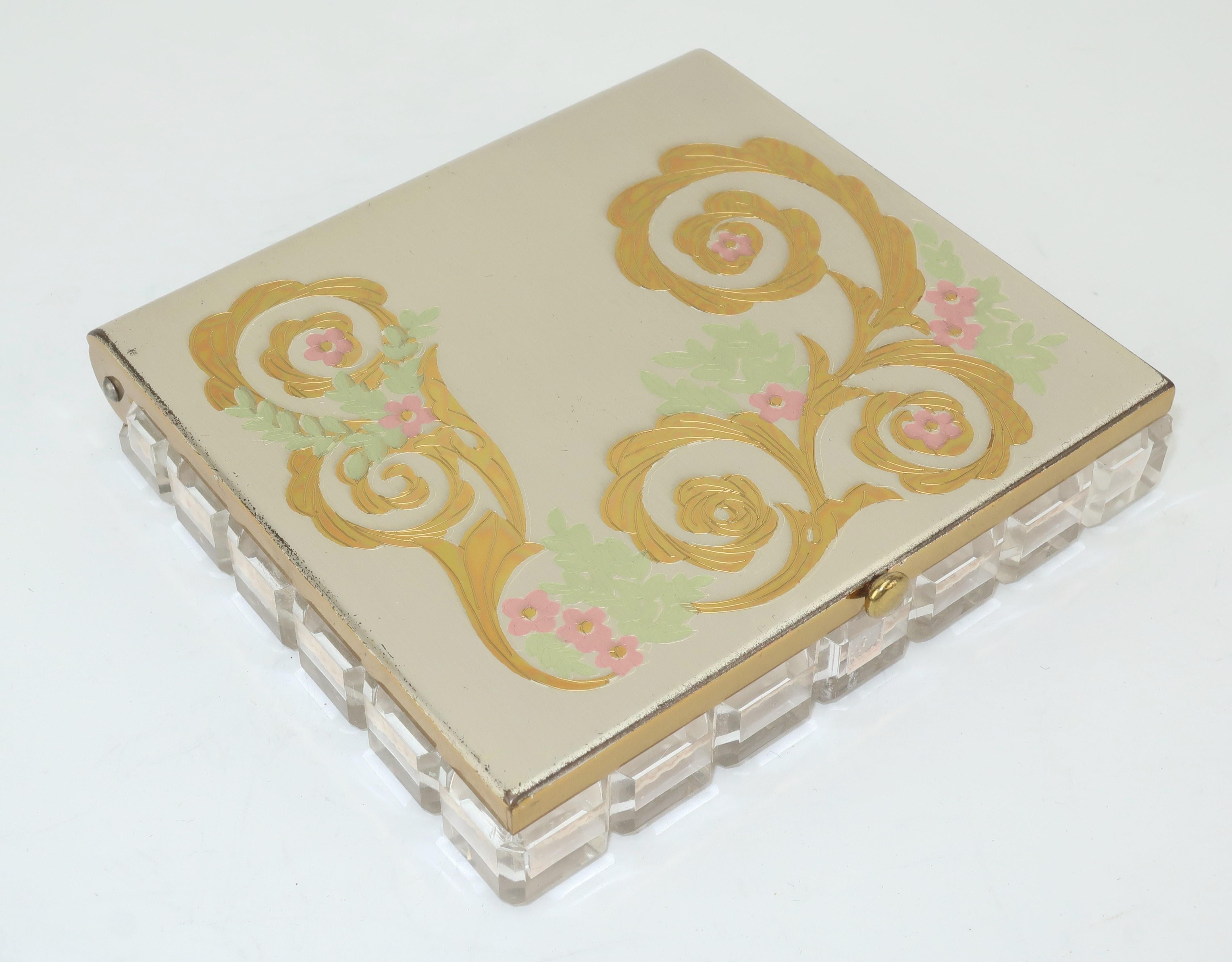 Beige C. 1950 Wadsworth Silver & Gold Metal Powder Compact With Lucite Base