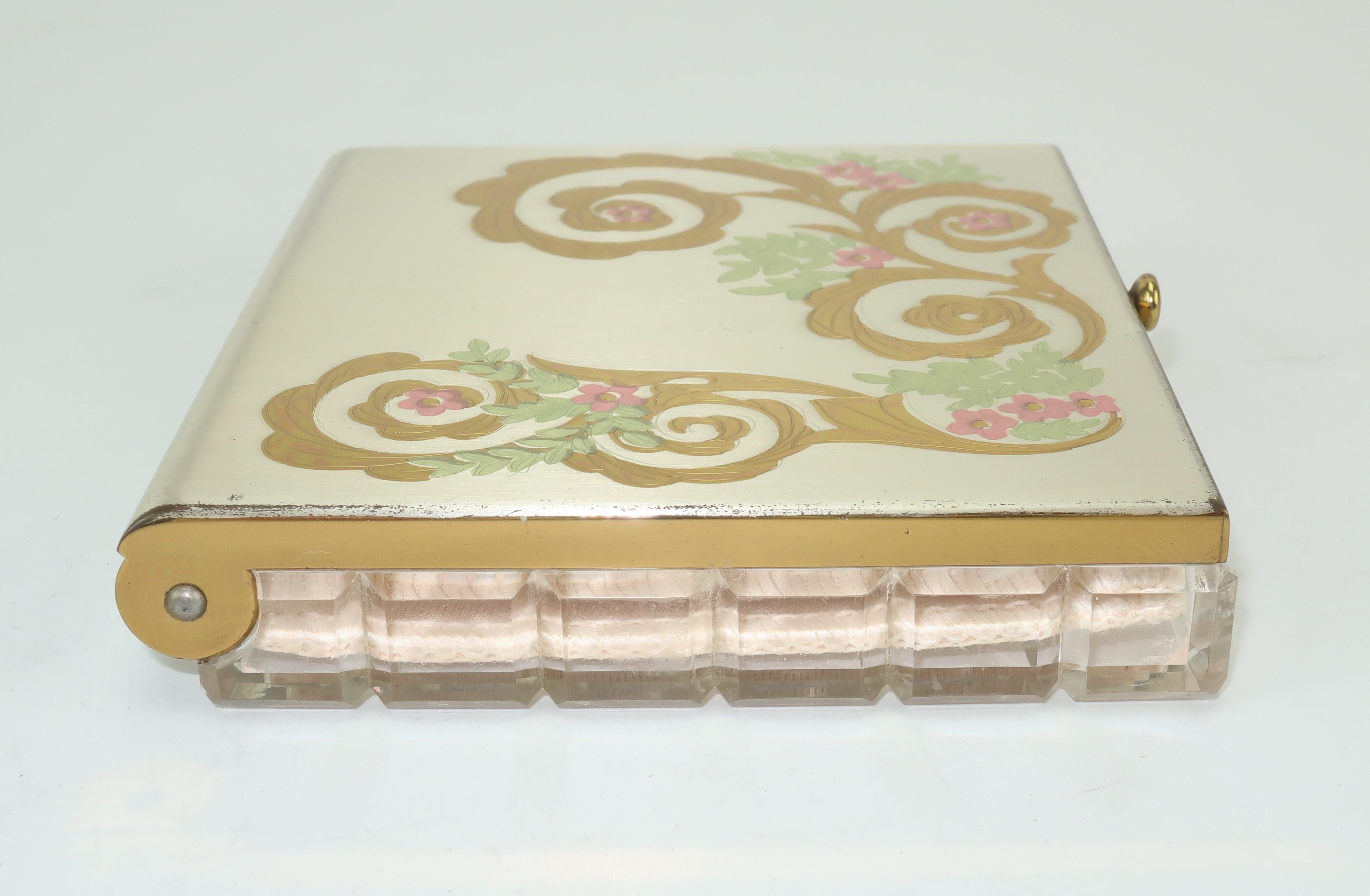 C. 1950 Wadsworth Silver & Gold Metal Powder Compact With Lucite Base In Good Condition In Atlanta, GA