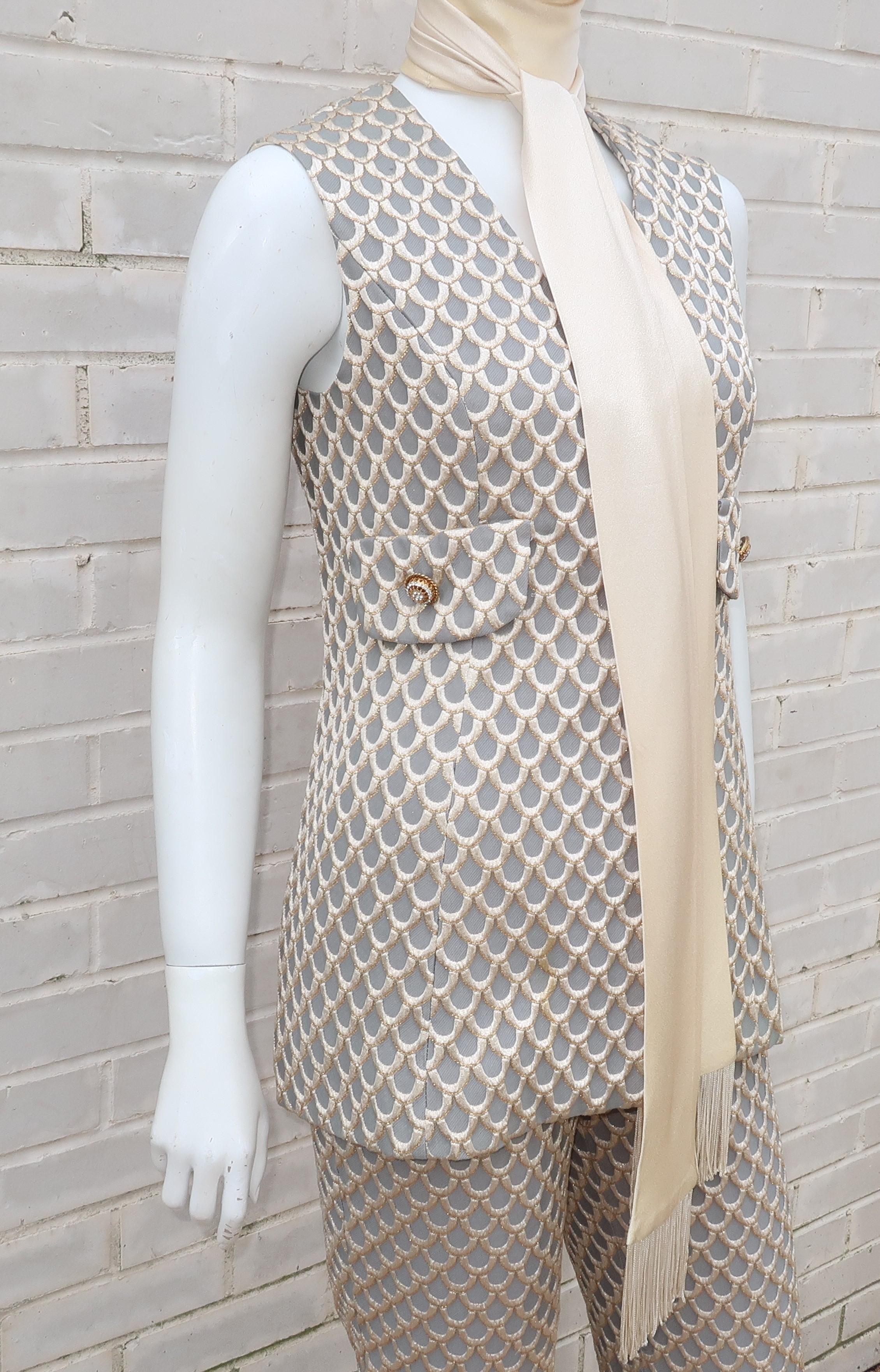 1960’s Saks Fifth Avenue Mod Metallic Vest Pant Suit In Good Condition In Atlanta, GA