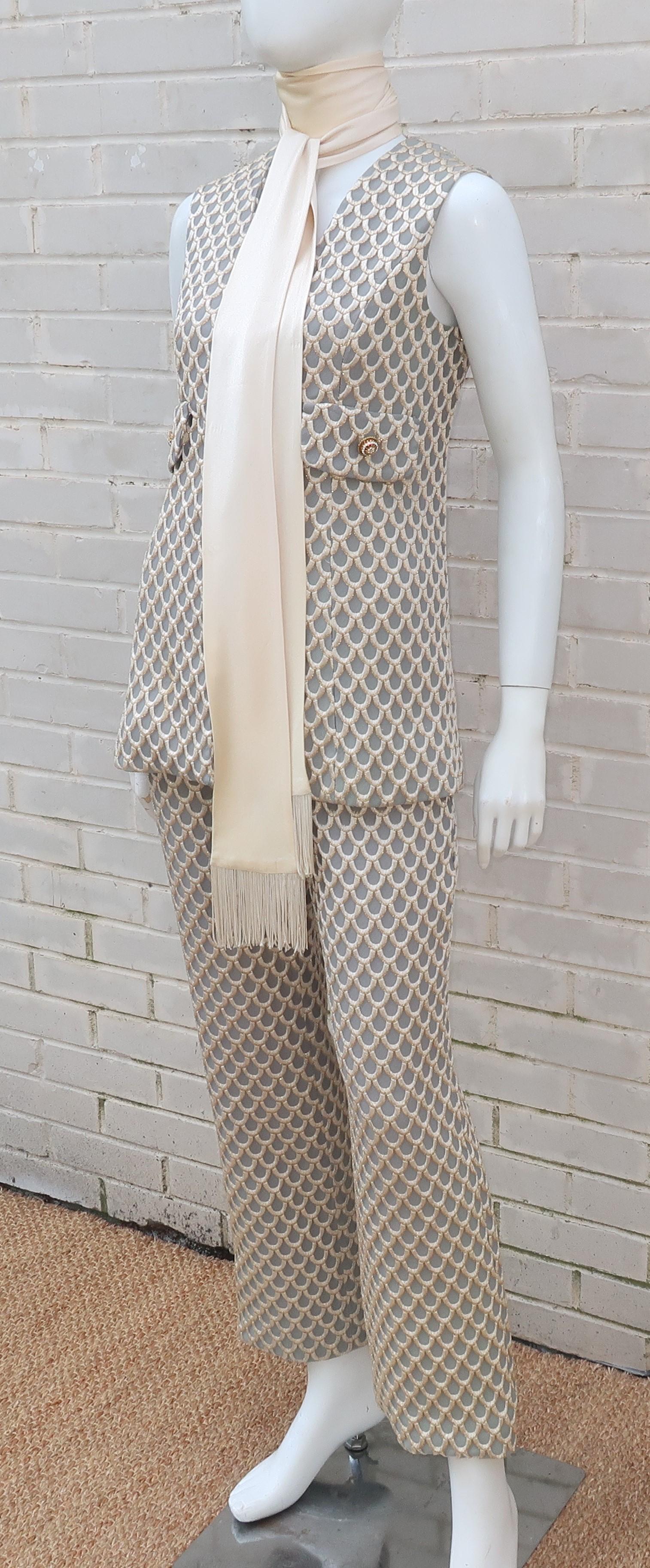 Women's 1960’s Saks Fifth Avenue Mod Metallic Vest Pant Suit