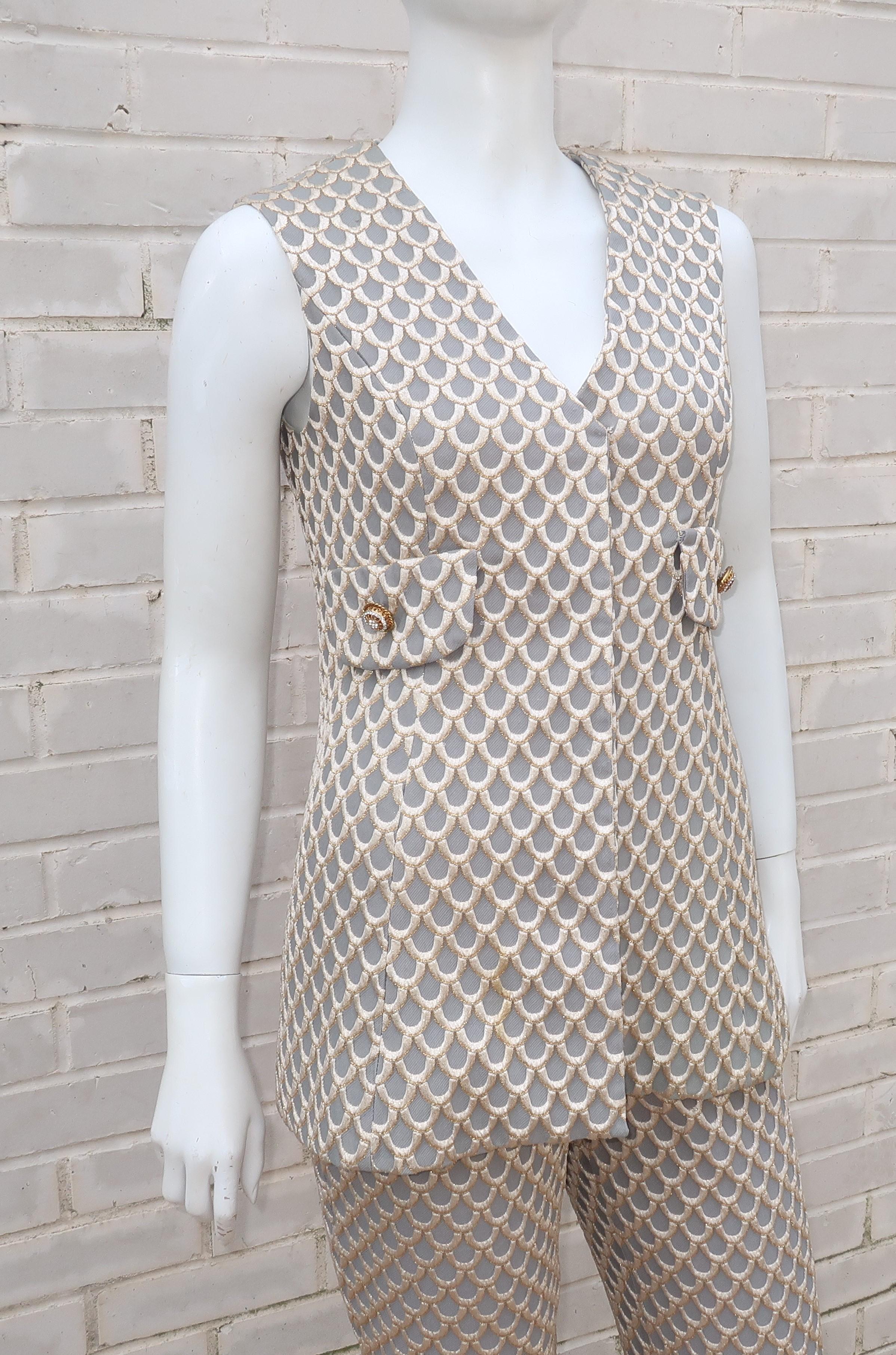 1960’s Saks Fifth Avenue Mod Metallic Vest Pant Suit 1