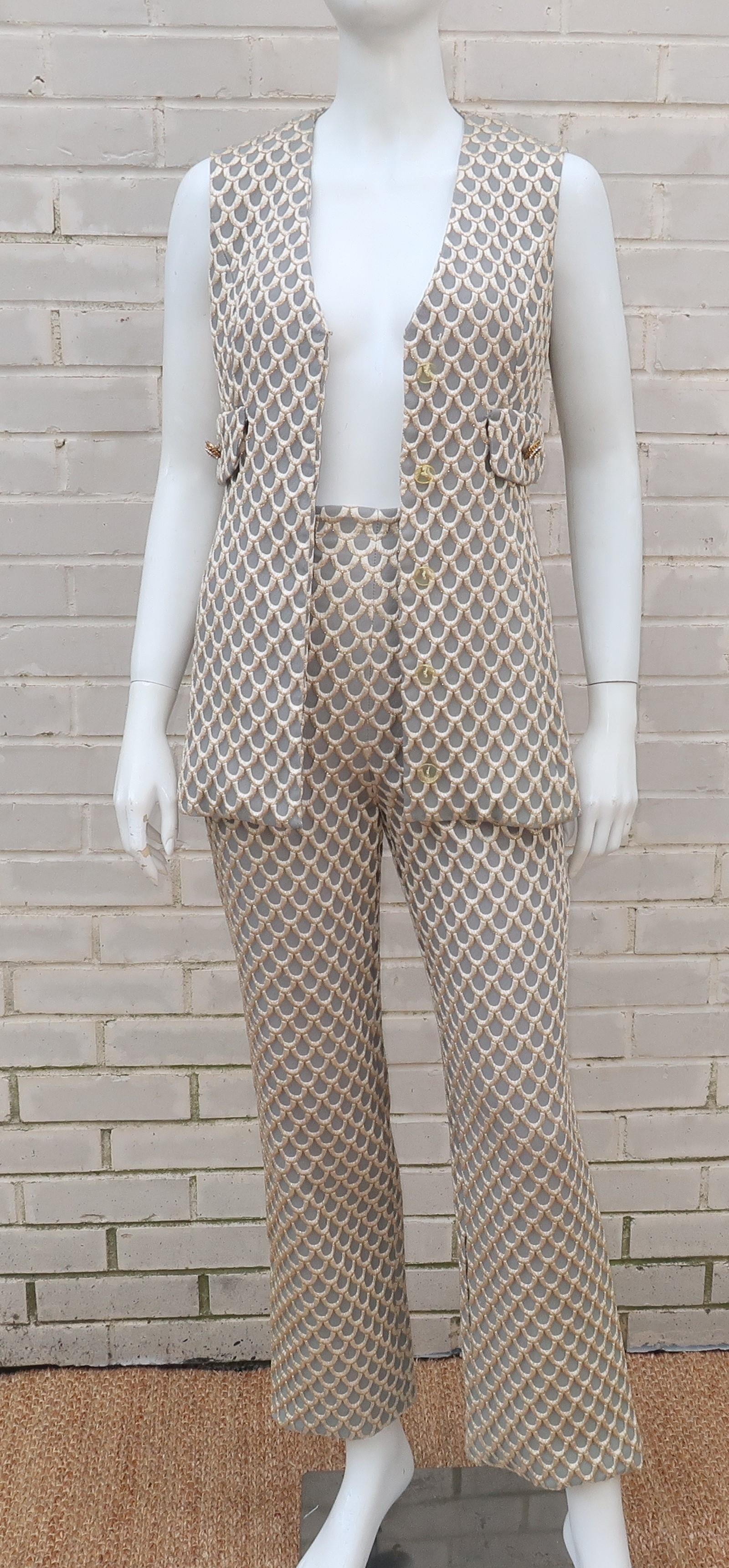 1960’s Saks Fifth Avenue Mod Metallic Vest Pant Suit 6