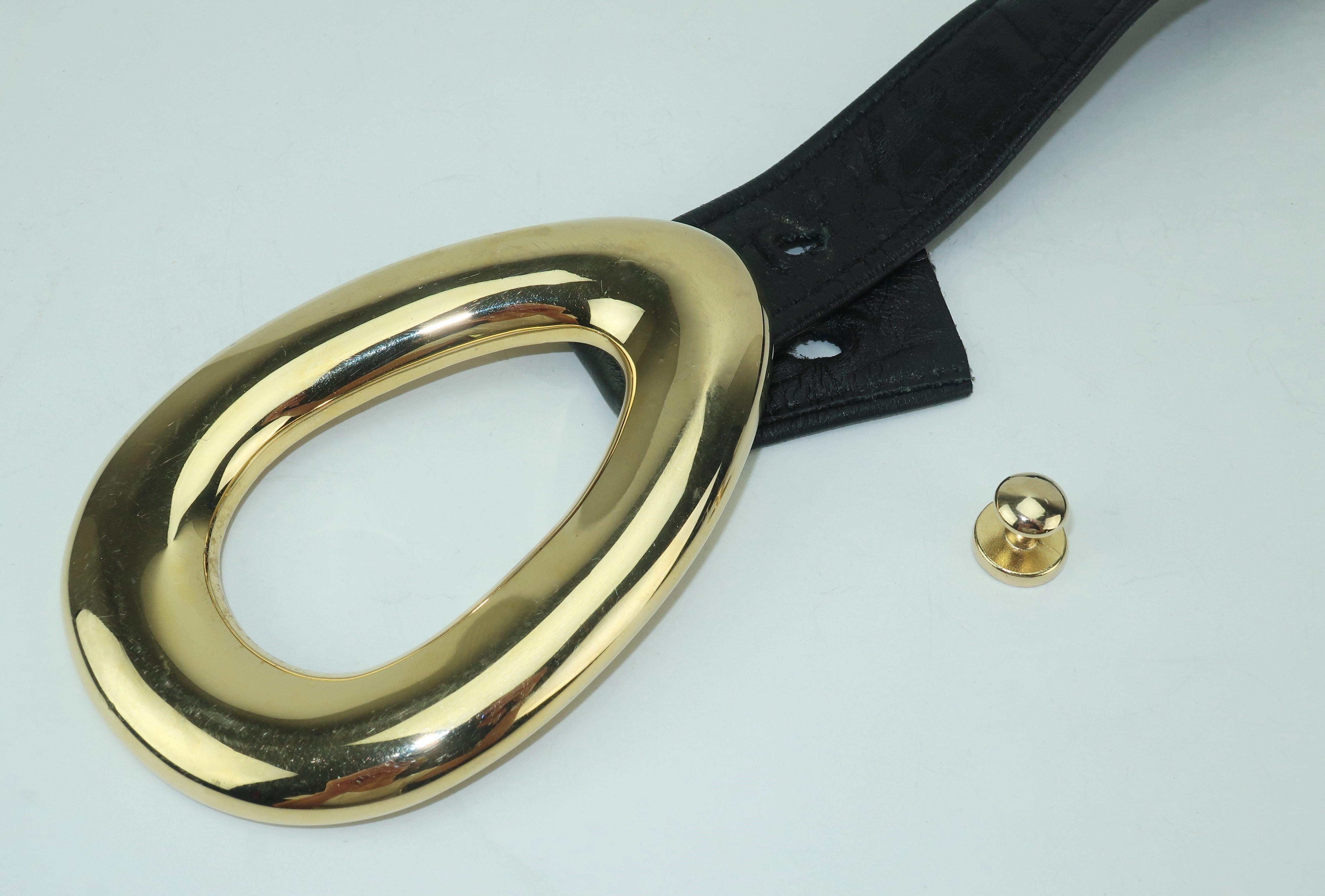 Women's 1980’s Alexis Kirk Gold Tone Egg Shaped Buckle With Black Leather Belt