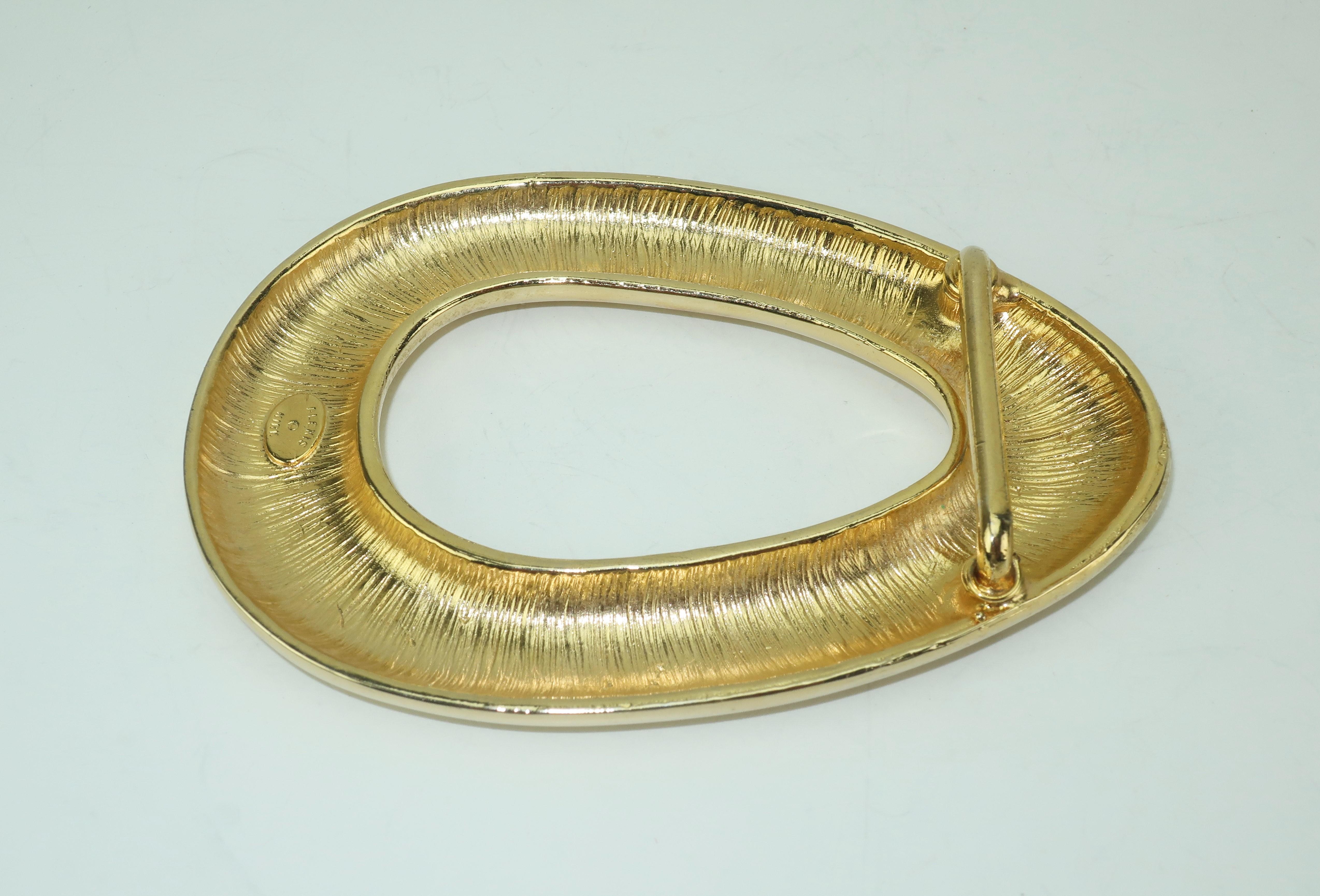 1980’s Alexis Kirk Gold Tone Egg Shaped Buckle With Black Leather Belt 1