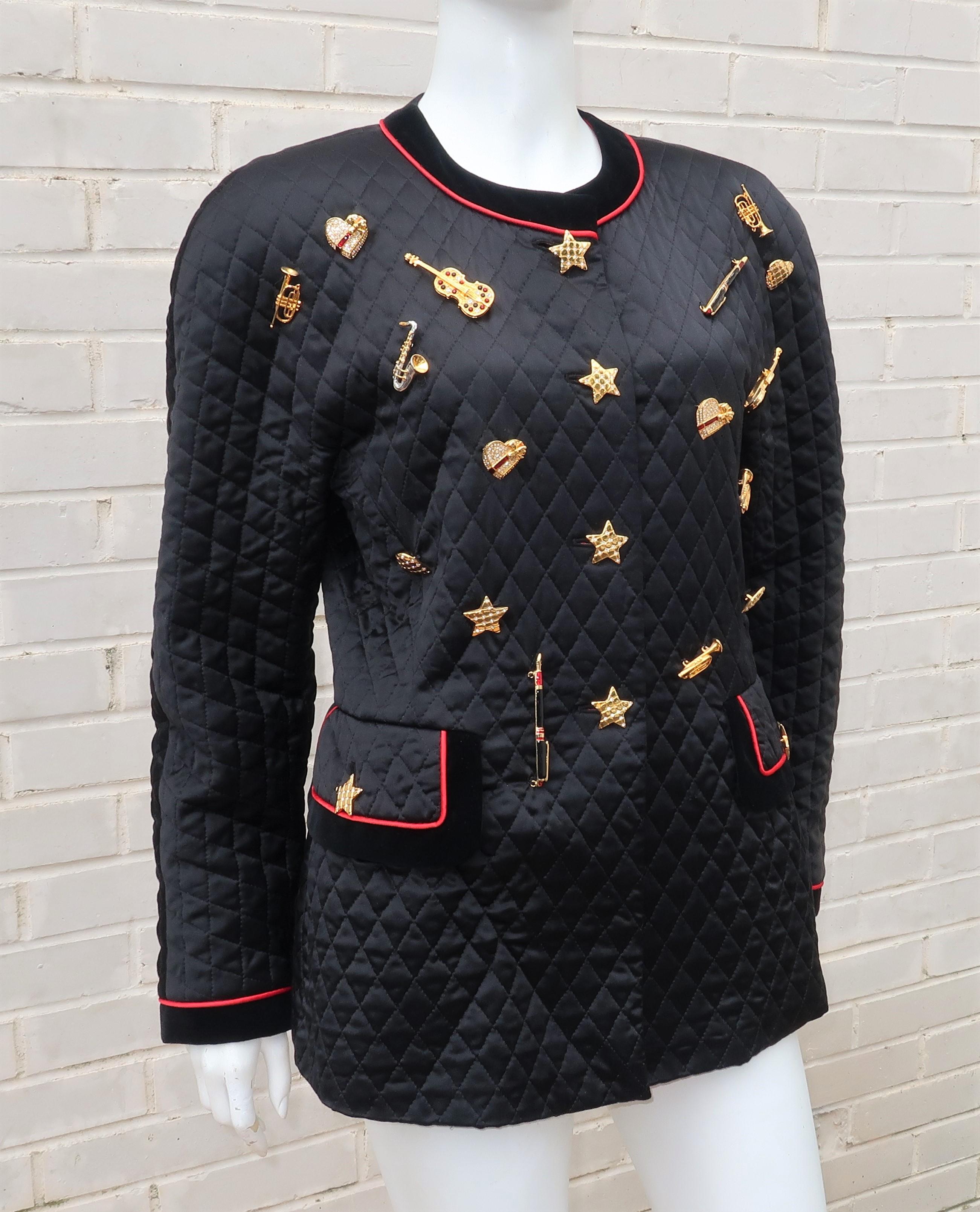 C.1990 Escada Black Silk Satin Quilted Jacket With Brooch Charms 1