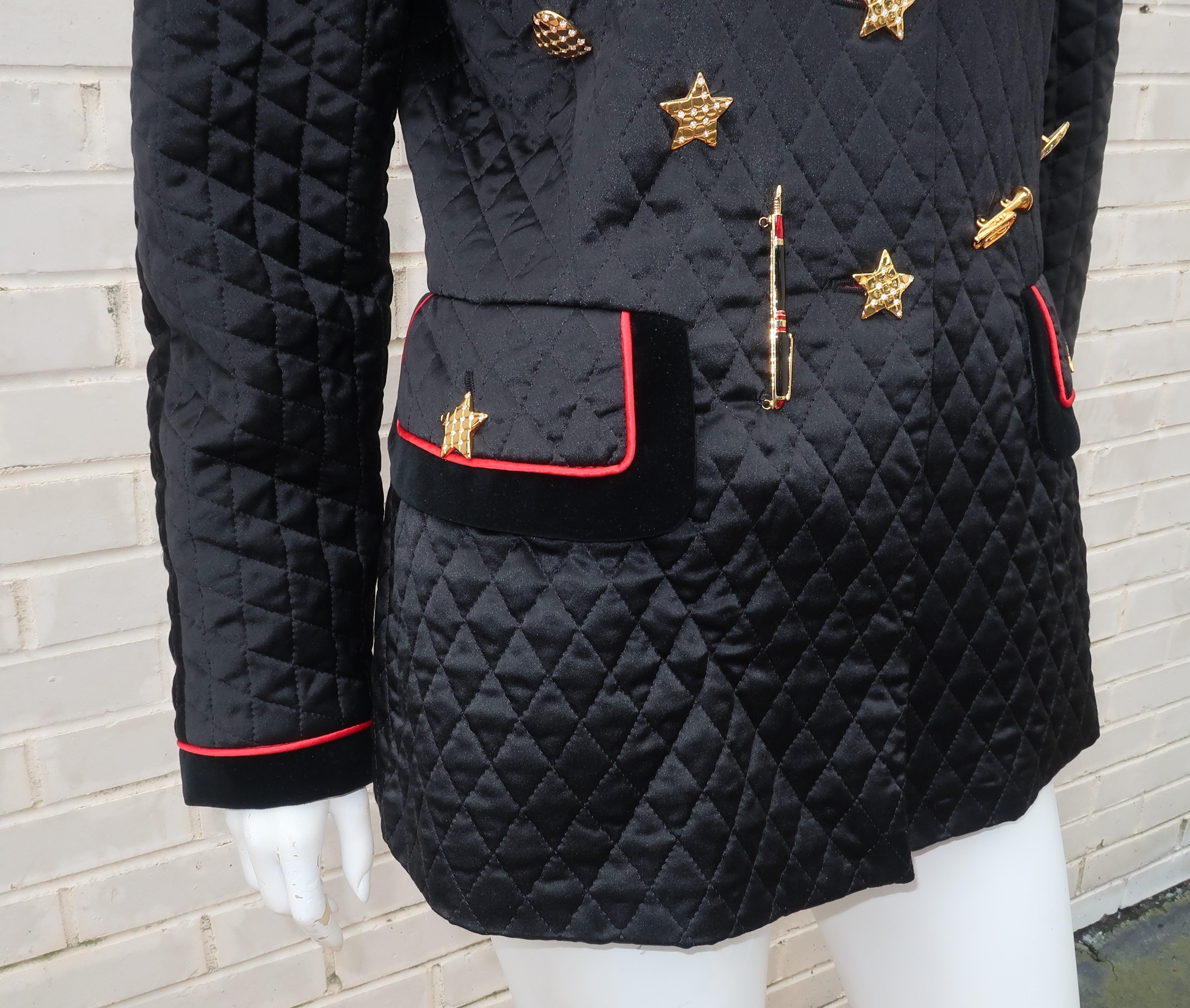 C.1990 Escada Black Silk Satin Quilted Jacket With Brooch Charms 3