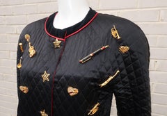 C.1990 Escada Black Silk Satin Quilted Jacket With Brooch Charms