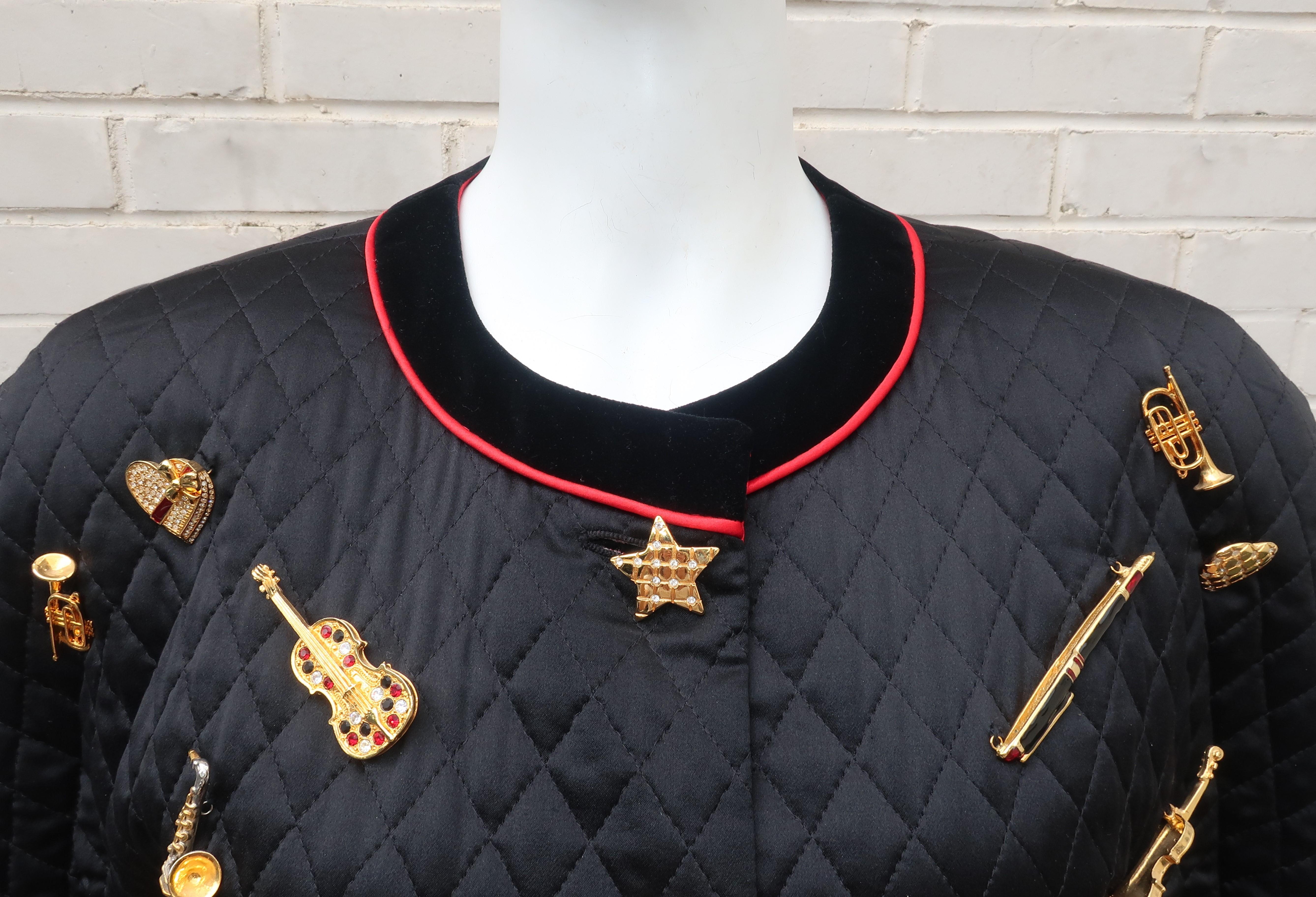 C.1990 Escada Black Silk Satin Quilted Jacket With Brooch Charms In Excellent Condition In Atlanta, GA