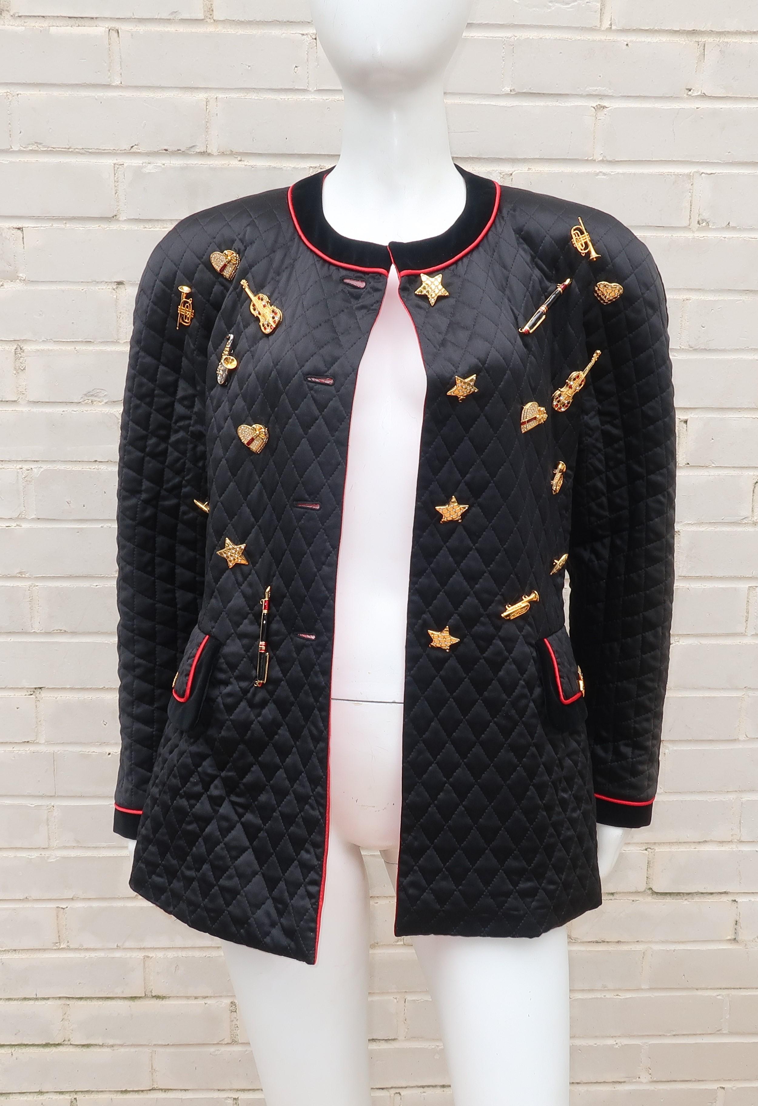 C.1990 Escada Black Silk Satin Quilted Jacket With Brooch Charms 5