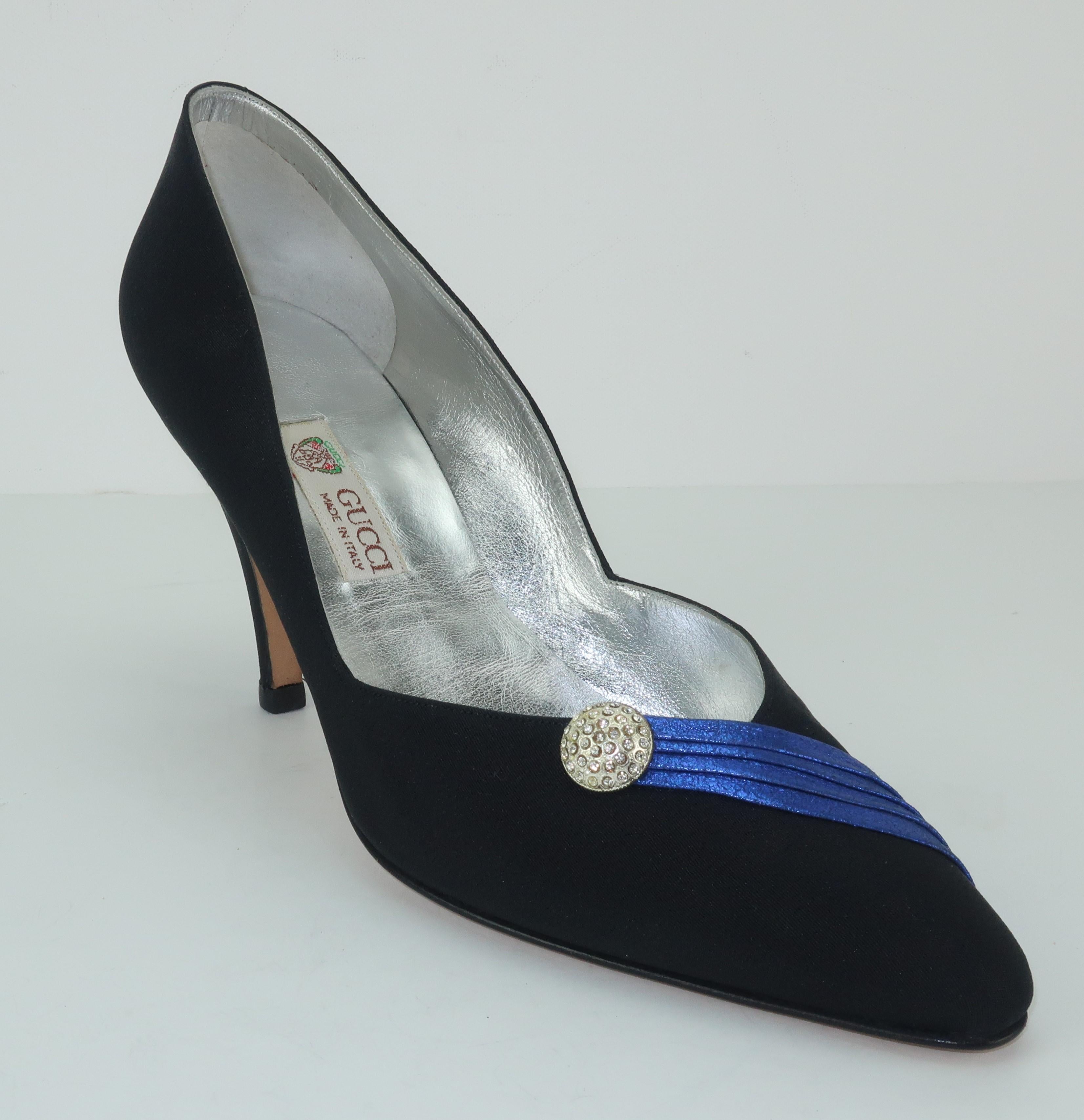 Women's C.1980 Gucci Black Fabric Evening Shoes With Metallic Blue Sash & Rhinestones